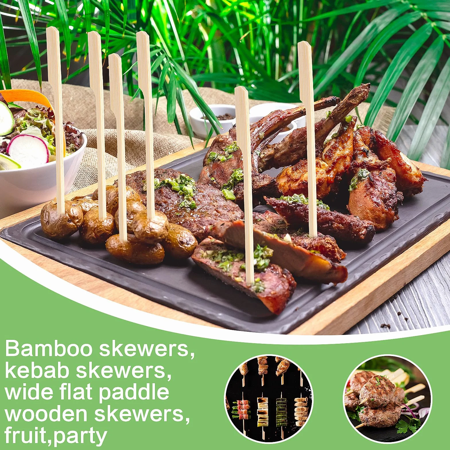 Bambusowe szpikulce 15 cm, 100 szt. bambusowych patyczków do przystawek koktajlowych, wykałaczek, szaszłyków kebab, patyczków drewnianych do koktajli, owoców, grillowania, napojów, BBQ, fondue (6 cali