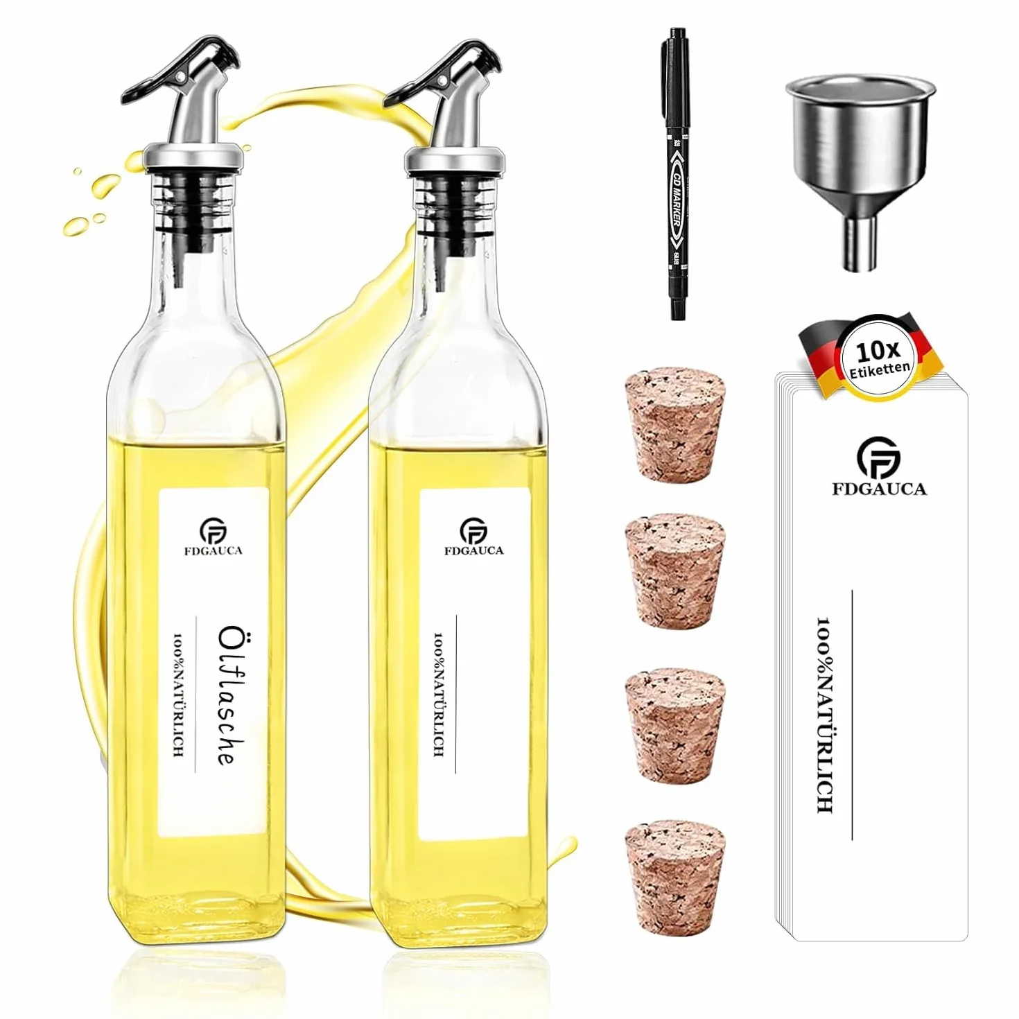 MRVNN Dozownik oleju szklany 500 ml 2 butelki z dzióbkiem srebrny butelka na oliwę z oliwek z etykietami DIY dozownik oleju i octu