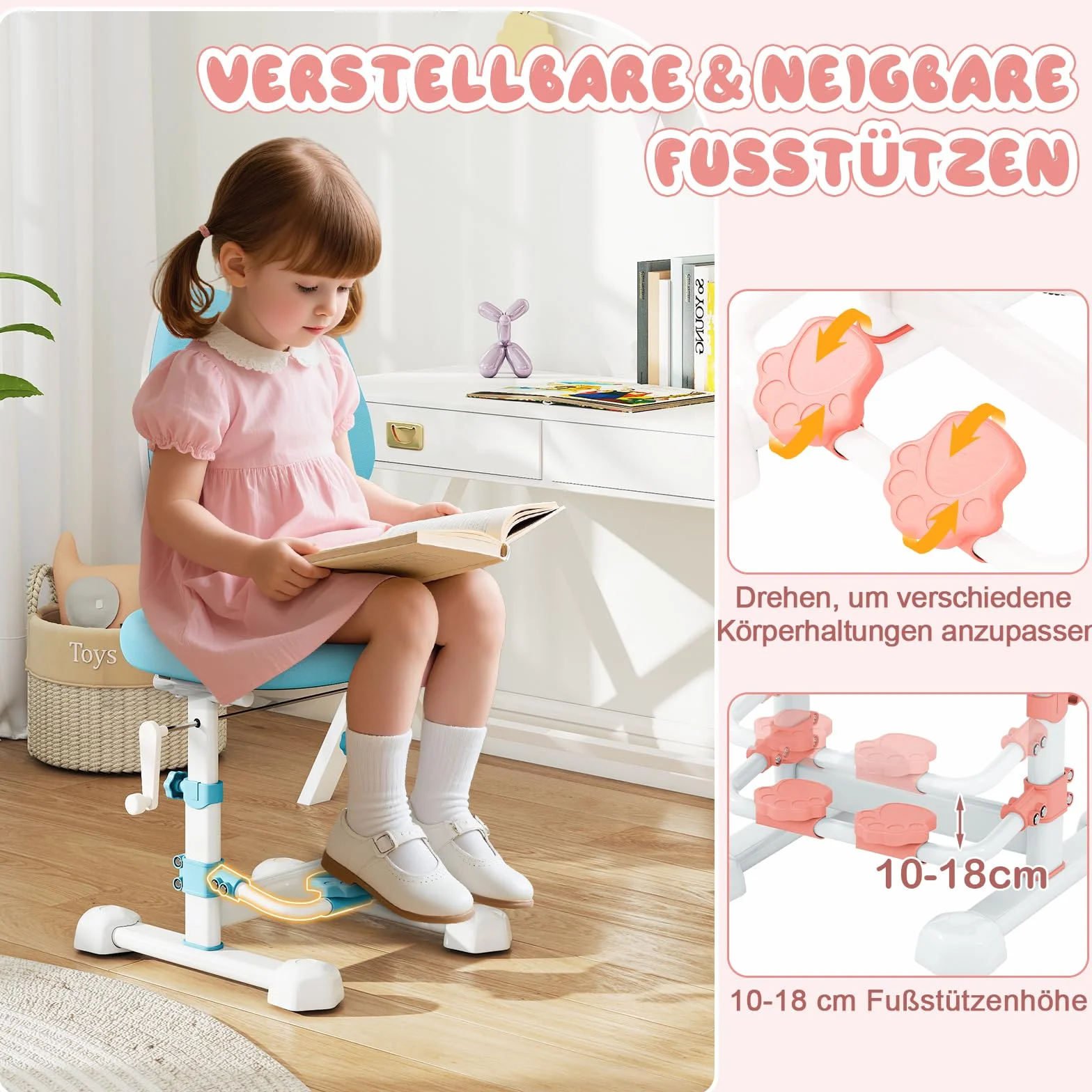 COSTWAY Krzesło biurowe dla dzieci, 43-55 cm, z regulacją wysokości, krzesło biurowe dla dzieci od 3 lat z regulowanym podwójnym oparciem, podnóżkiem i głębokością siedziska, krzesło biurowe bez