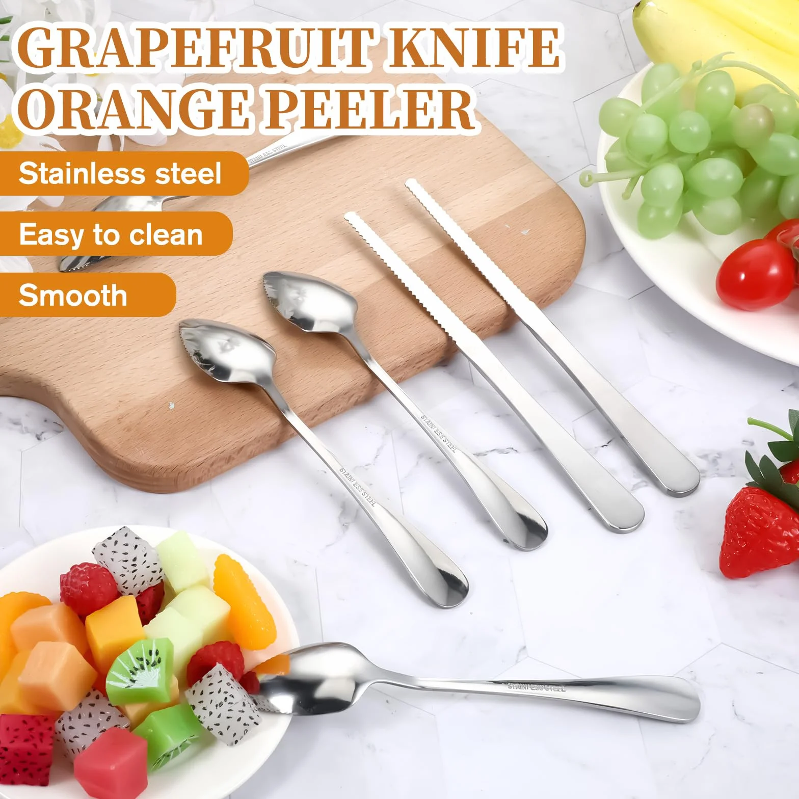 6 sztuk łyżek grejpfrutowych, zestaw noży do grejpfruta, ze stali nierdzewnej, łyżki do grejpfruta, ze szlifem falistym, łyżeczką kiwi, obieraczką pomarańczową, łyżeczką do deserów, kiwi