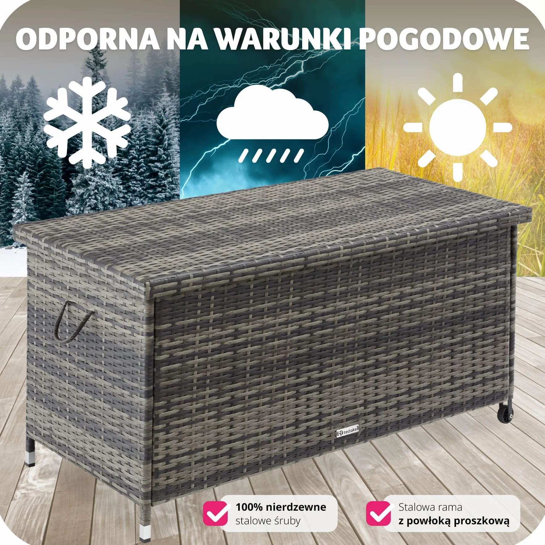 tectake® Uniwersalna Skrzynia Ogrodowa, Duża Pojemność 297l, 117x54x64cm, Trwała Plecionka z Polirattanu, Wytrzymała Rama z Aluminium, Wzmocniona Pokrywa z Systemem Sprężyny Gazowej (Szary)