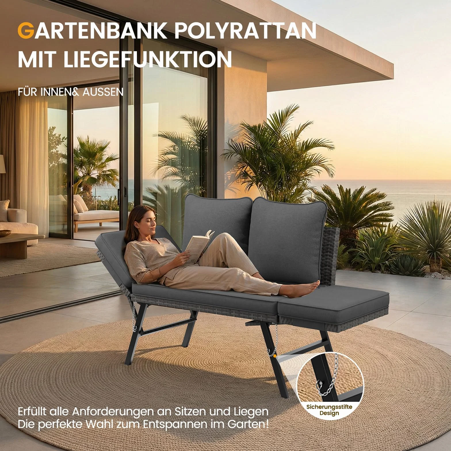 UDPATIO Polyrattan Ławka ogrodowa odporna na warunki atmosferyczne z funkcją leżakową, sofa balkonowa 3 w 1, funkcja regulacji z dodatkowo grubymi poduszkami siedzisk i poduszkami na podłokietniki do