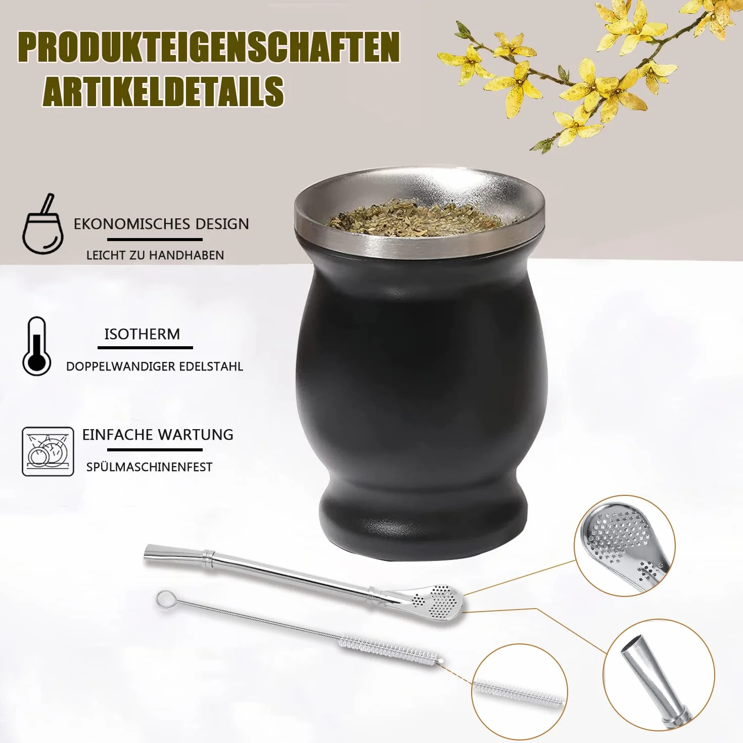 Mate zestaw do herbaty, z łyżeczką do słomki i szczotką do czyszczenia, 230 ml Mate Gourd, zestaw do herbaty mate, kawy, mleka i soku (czarny)
