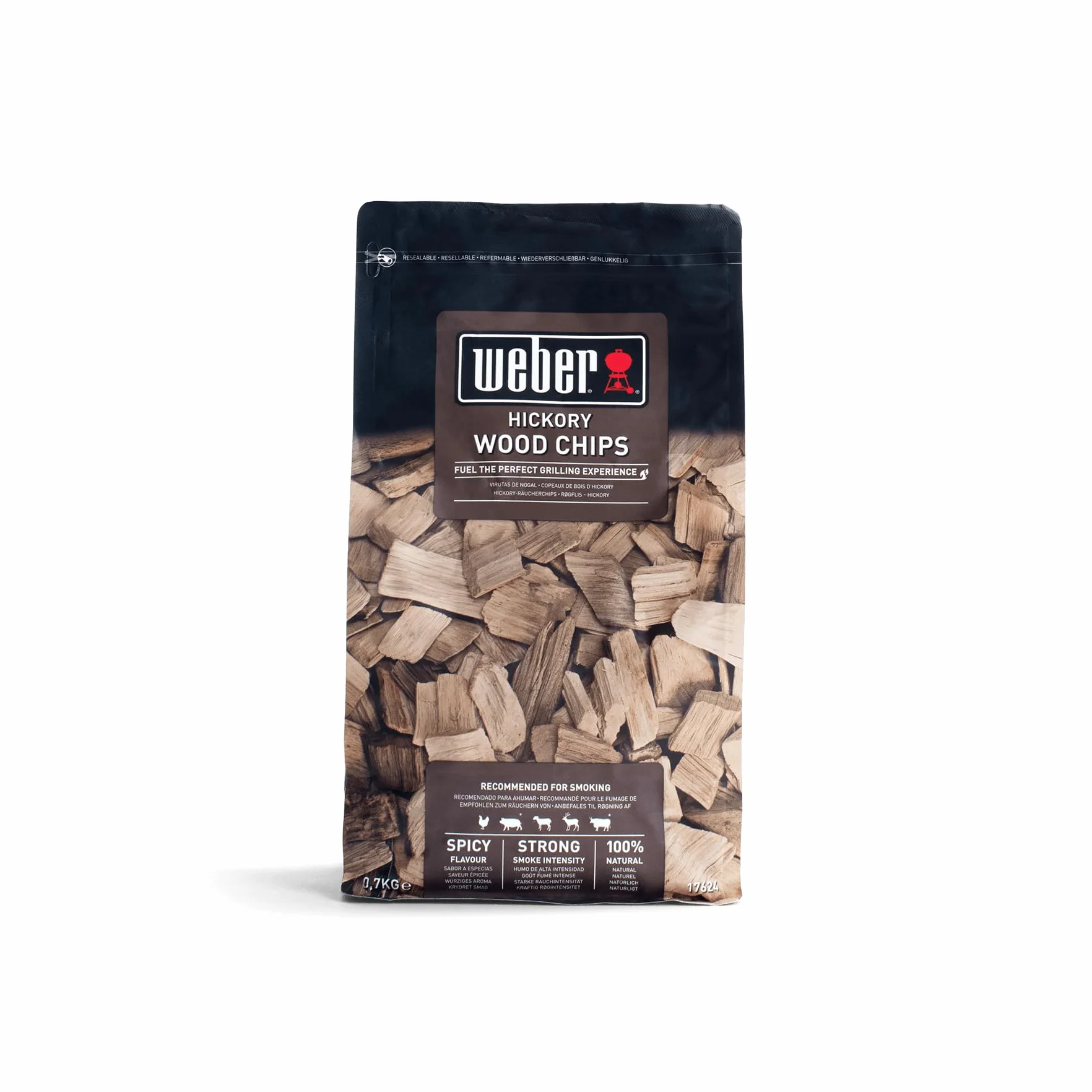 Weber Wiórki z Drewna Hickory (Opakowanie 700g) - do mięsa wołowego, wieprzowego, dzikiego i drobiu, intensywny, lekko słodki aromat, z 100% naturalnego drewna (17624)