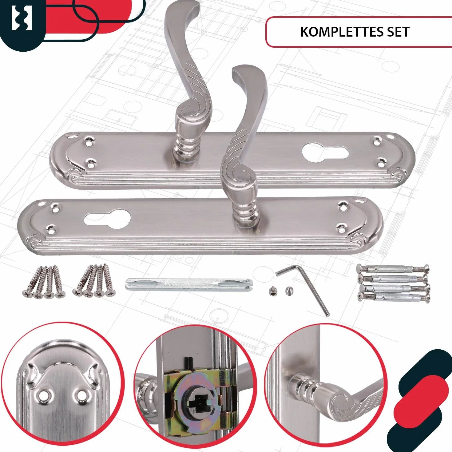 KOTARBAU® Klamka Drzwiowa Długi Szyld Na Wkładkę Bębenkową Wkład Zdobiona Retro Satyna 90 MM