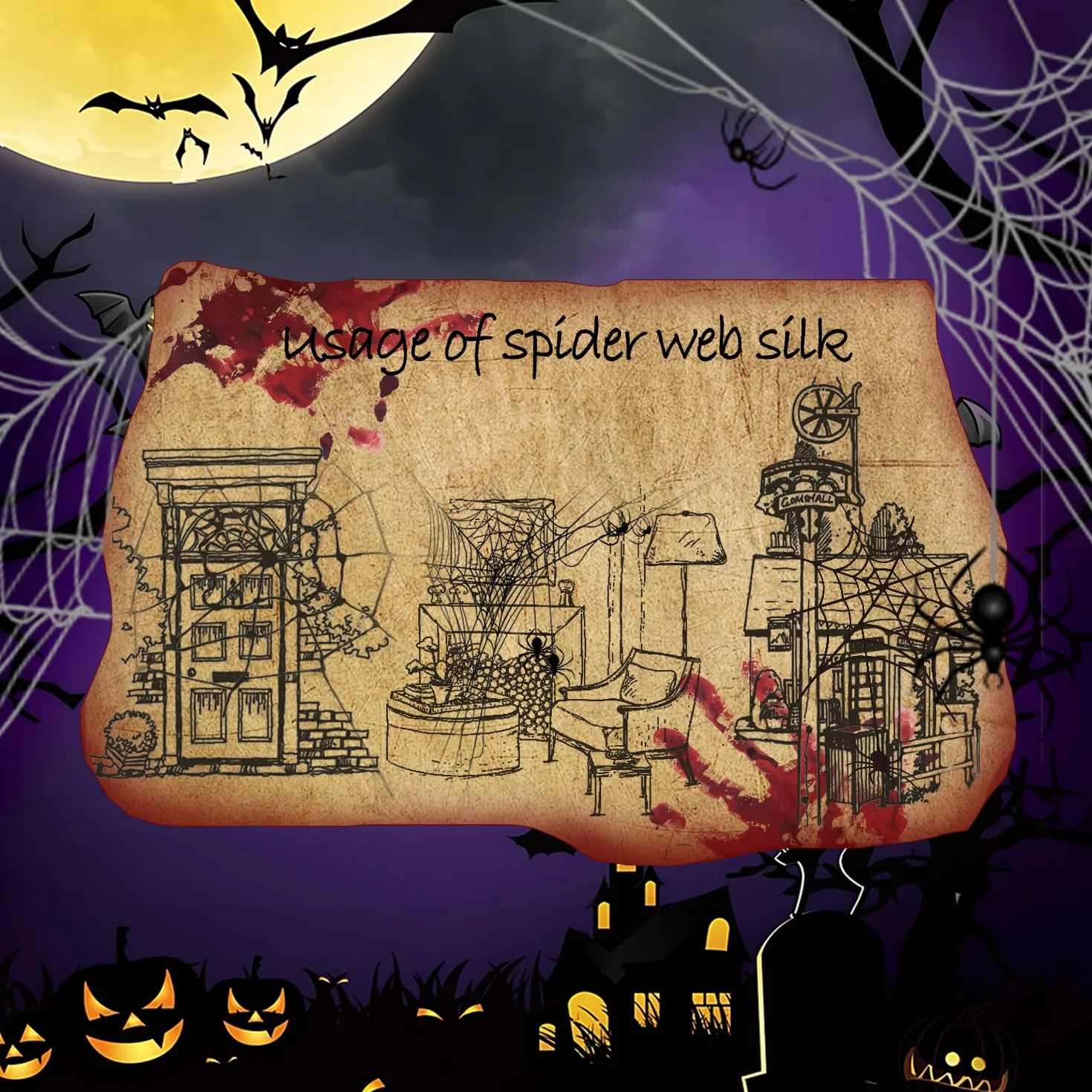 OWill 400 G, gigantyczna dekoracja na Halloween w kształcie pajęczej sieci, 2000 stóp kwadratowych, 400 G, pajęczyna i 50 szt. rozciągliwych sztucznych pajęczyn na zewnątrz