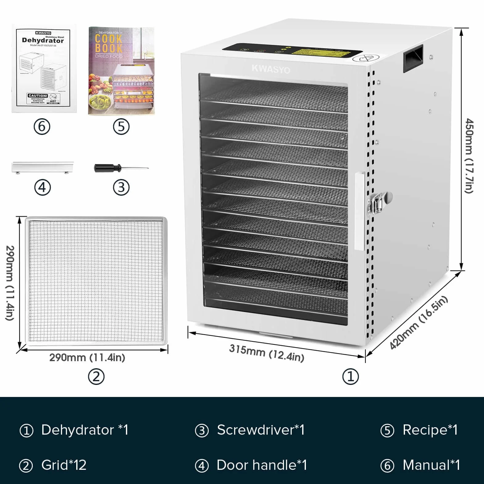 Suszarka do żywności ze stali nierdzewnej 12 garnków podwójny wentylator 360° timer 24h regulacja temperatury 20-90°C