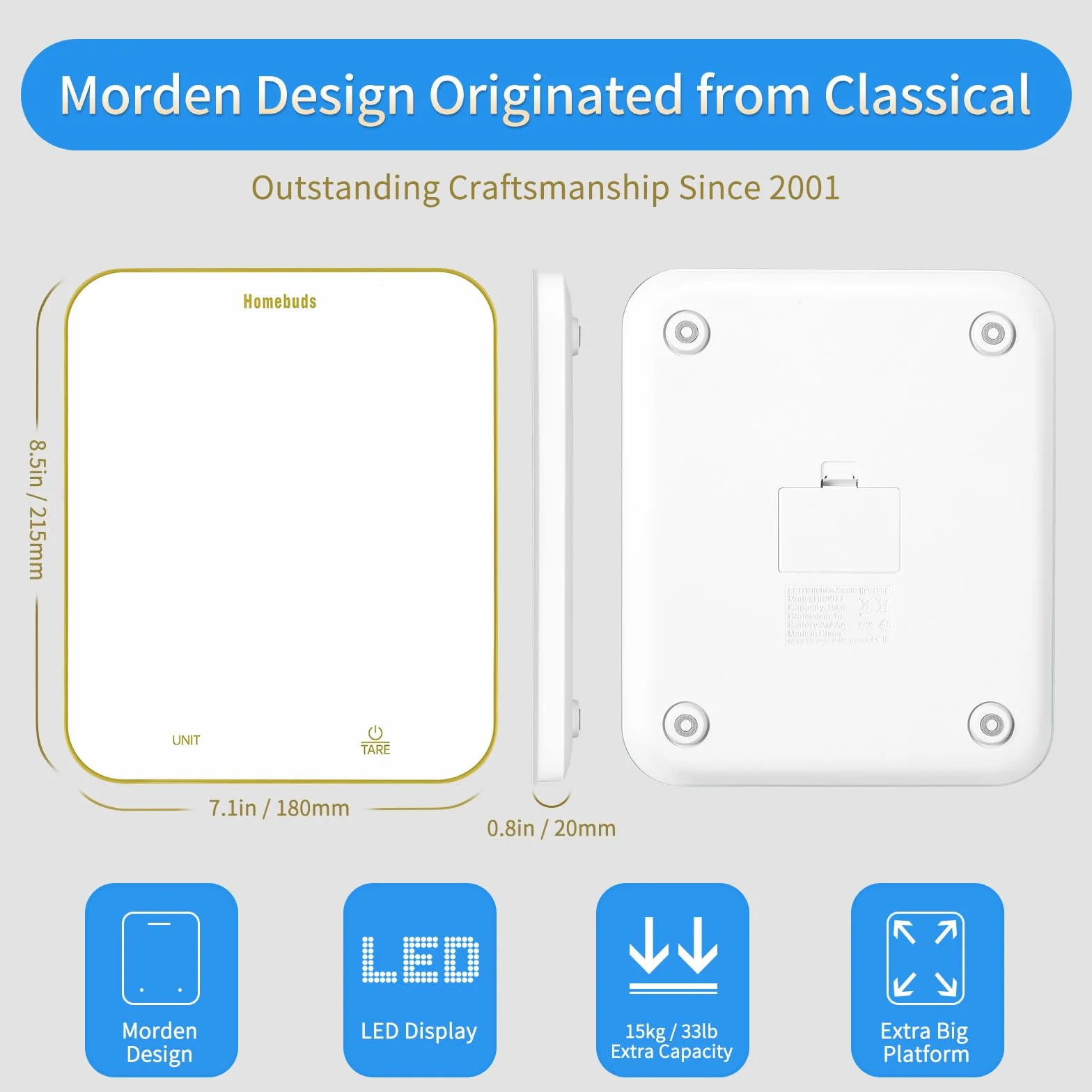 Golden Line Homebuds Cyfrowa Waga Kuchenna 15kg 1g LED Biała