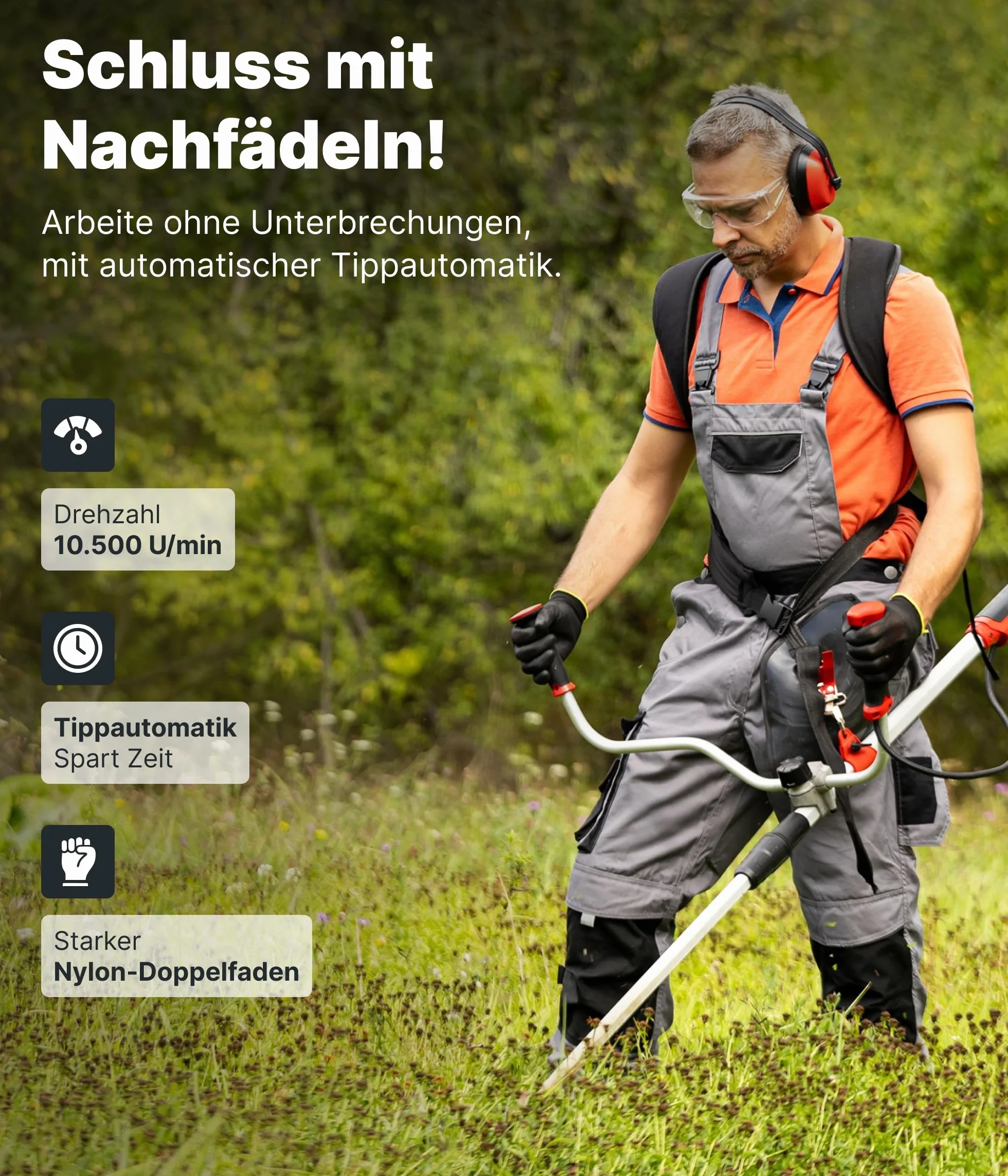 NEMAXX® FS1 Tap & Go głowica żyłkowa (głowica do podkaszarki) – system półautomatyczny podwójna żyłka – do kosy spalinowej – M10x1,25 lewy gwint – 2mm – średnica cięcia 380mm – Pomarańczowa (1 sztuka)