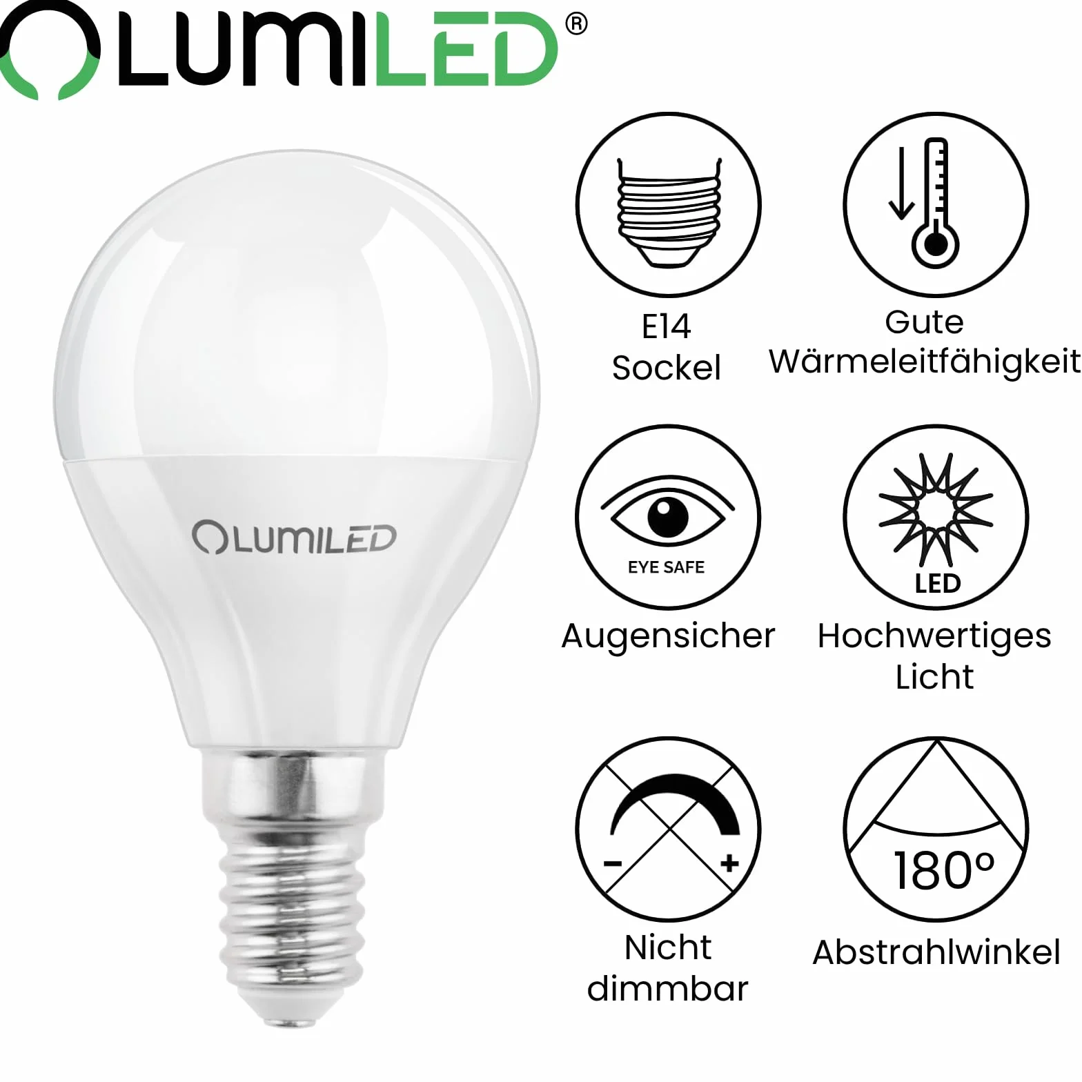 Lumiled Żarówka LED E14 P45 8W 880lm 4000K Neutralna Biel 180° Zamiennik 60W Nieściemnialna Kształt małej kropli Energooszczędna Zestaw 6 szt.