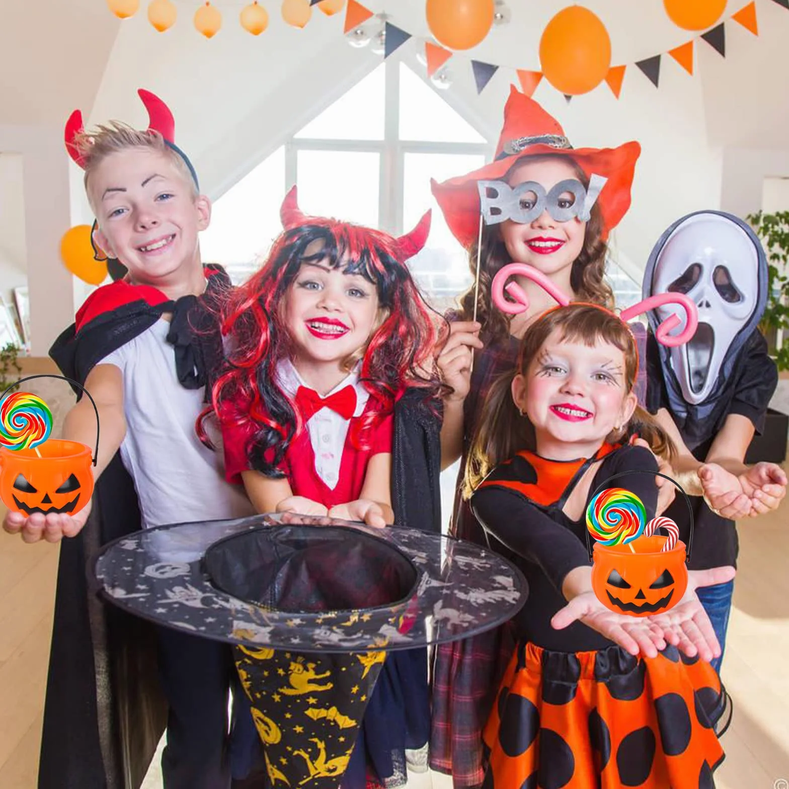 10 sztuk wiaderek na Halloween na słodycze z uchwytem, kociołek na słodycze lub słodycze, dla dzieci, na imprezę halloweenową, akcesoria