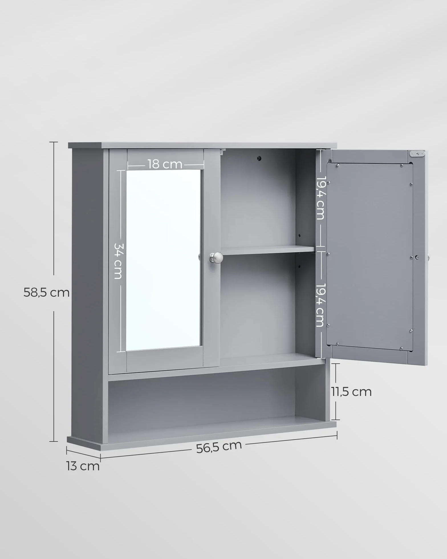 VASAGLE Szafka ścienna, Meble łazienkowe, szafka do przechowywania, wisząca szafa, 2 drzwi z lustrem i otwarta komora, regulowana półka, 13 x 56,5 x 58,5 cm, szary żółwiowy LHC002G02