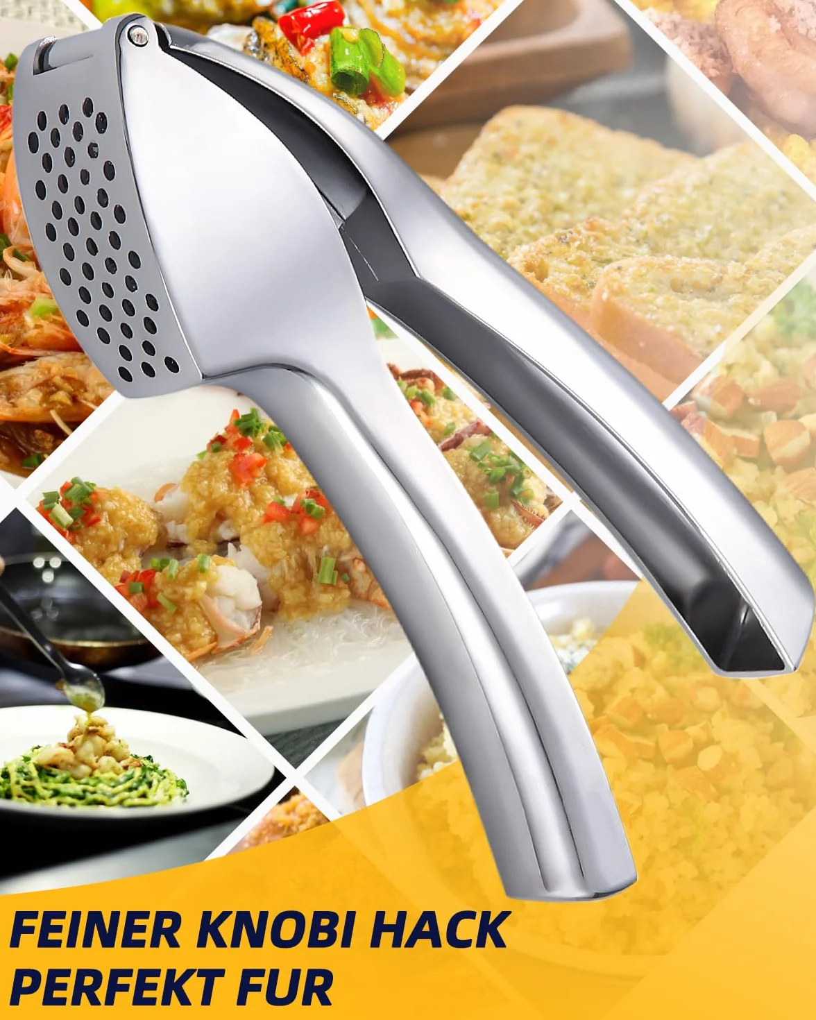 Prasa do czosnku, krajalnica do czosnku z obieraczką do czosnku i szczotką do czyszczenia, poręczna i łatwa do czyszczenia, rozdrabniacz do czosnku Kitchen Aid, stylowy stop cynku (srebrny)
