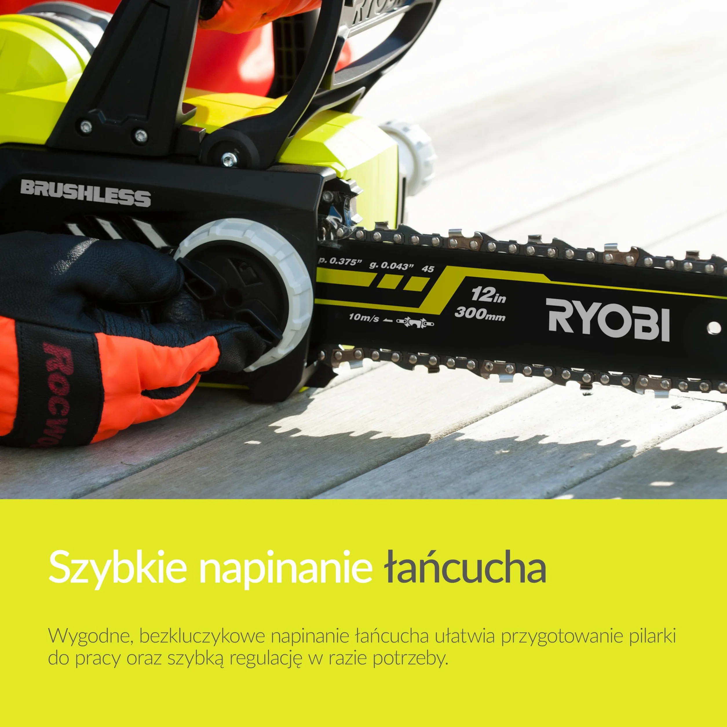 Ryobi Pilarka Łańcuchowa 18 V, OCS1830, Silnik Bezszczotkowy, Długość Prowadnicy 30 cm, Prędkość Przesuwu Łańcucha 10 m/s, Prowadnica oraz Łańcuch Marki Oregon, Automatyczne Smarowanie