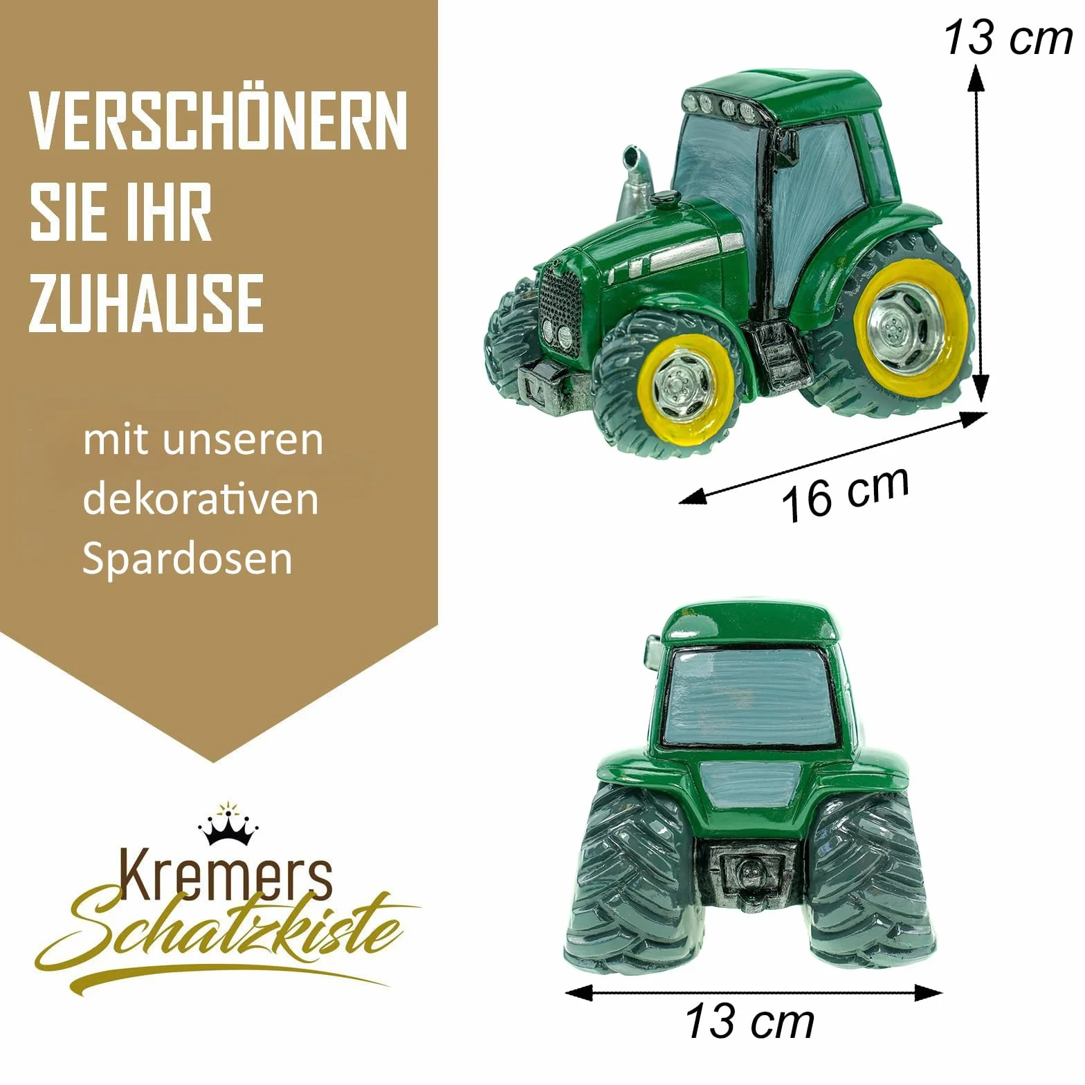 Kremers Schatzkiste Zielona skarbonka, traktor, ręcznie malowana, 16 cm, figurka, farma, prezent dla dzieci i dorosłych, prezent w stylu rolniczym, w stylu komiksowym