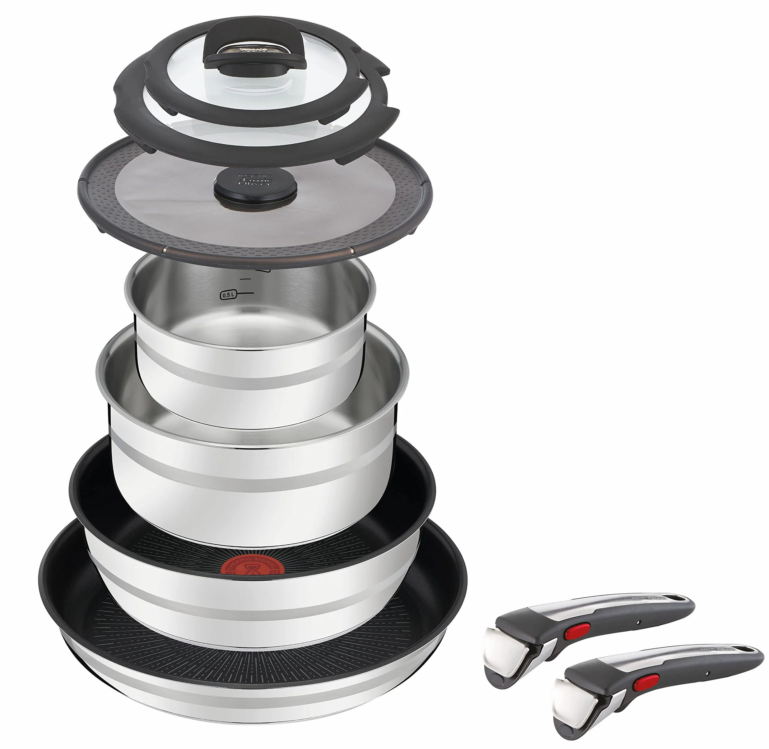 TEFAL E3060634 Jamie Oliver, zestaw, rondle 1.7L/2.8L, patelnie 24/28 cm, stal nierdzewna, tytanowa powłoka patelni, nieprzywierająca, indukcja, srebrne