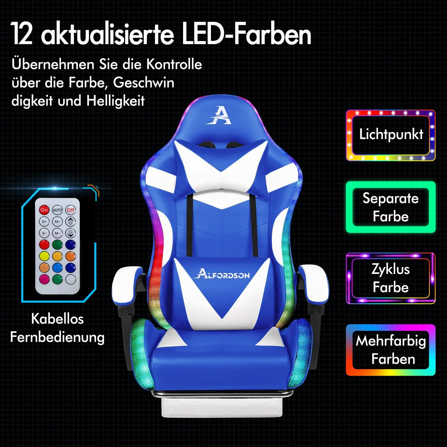 ALFORDSON Fotel biurowy, fotel gamingowy, ergonomiczny fotel dla graczy z podnóżkiem, zagłówek, poduszka lędźwiowa, krzesło obrotowe, udźwig 180 kg, niebiesko-biały