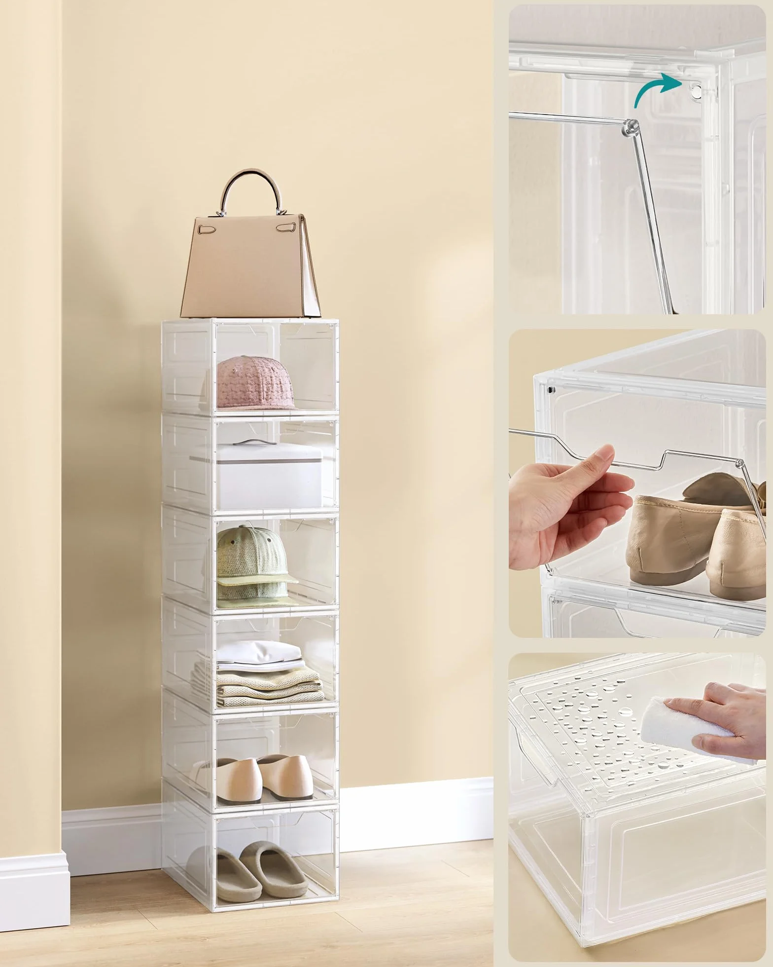 SONGMICS Pudełka na buty Plastikowy organizer na buty z przezroczystymi drzwiczkami Zestaw 6 szt.układania w stosy Łatwy montaż 34 x 25 x 18,4 cm na buty do rozmiaru 44 Przezroczysty biały LSP406W02