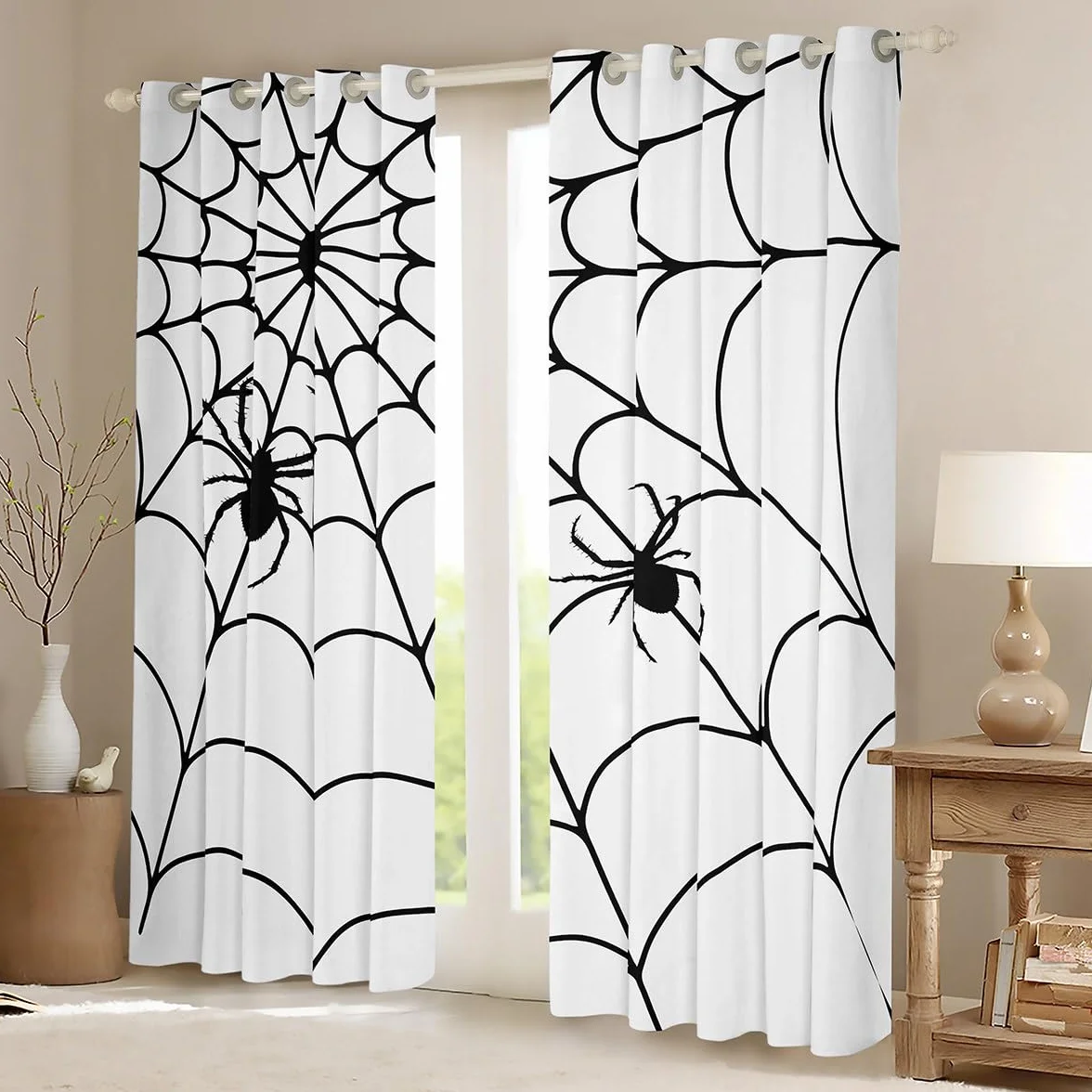 Homemissing Zasłony na Halloween do sypialni, salonu, dzieci, pajęcza sieć 30%-50% zasłony zaciemniające dla chłopców dekoracja na Halloween zasłony okienne białe zasłony okienne szer. 117 x dł. 182