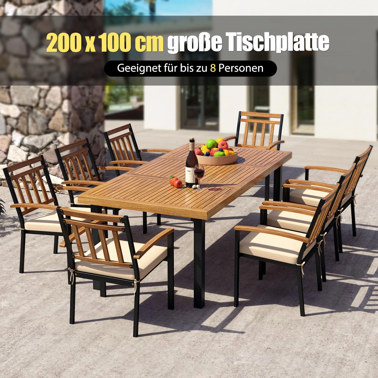 COSTWAY Stół ogrodowy z otworem na parasol, 200 x 100 cm, duży stół tarasowy dla 8 osób, prostokątny stół balkonowy z drewna akacjowego, stół do jadalni na zewnątrz do ogrodu, na taras
