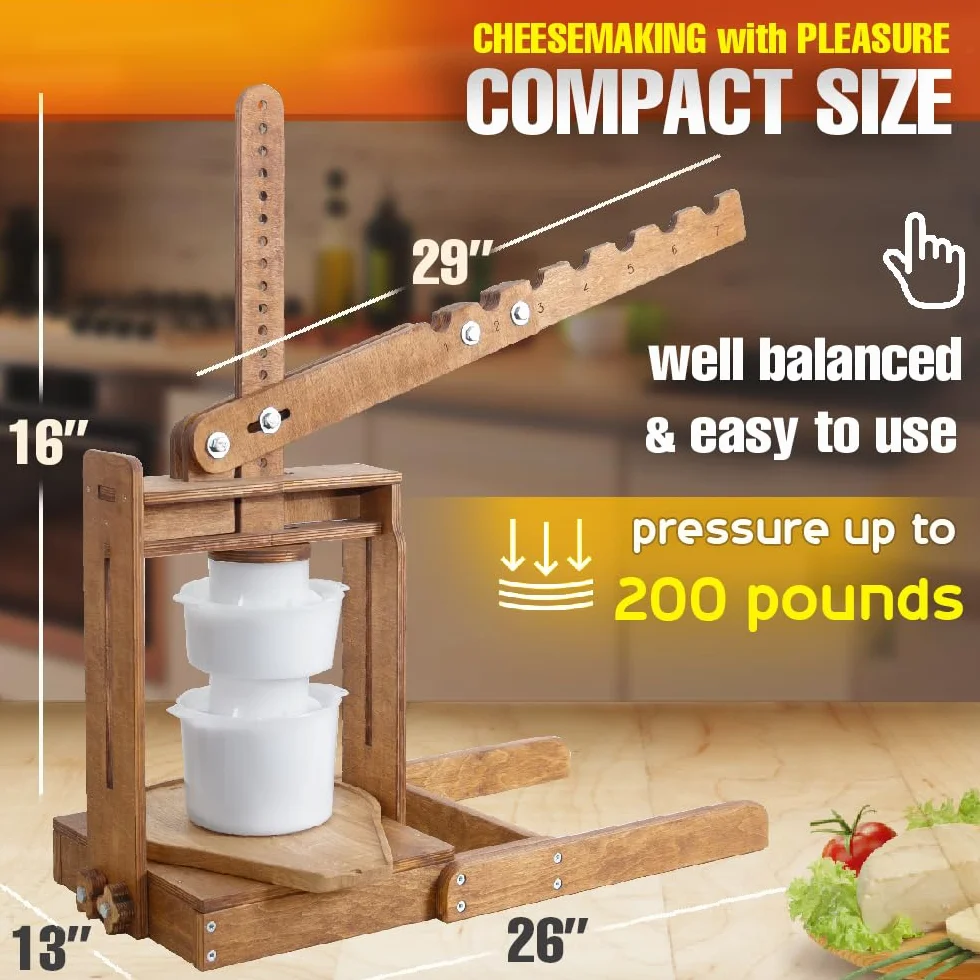 Dutch Wooden Cheese Press - Cheese Making Kit with Lever, 2 Cheese Molds & 200 lbs Pressure