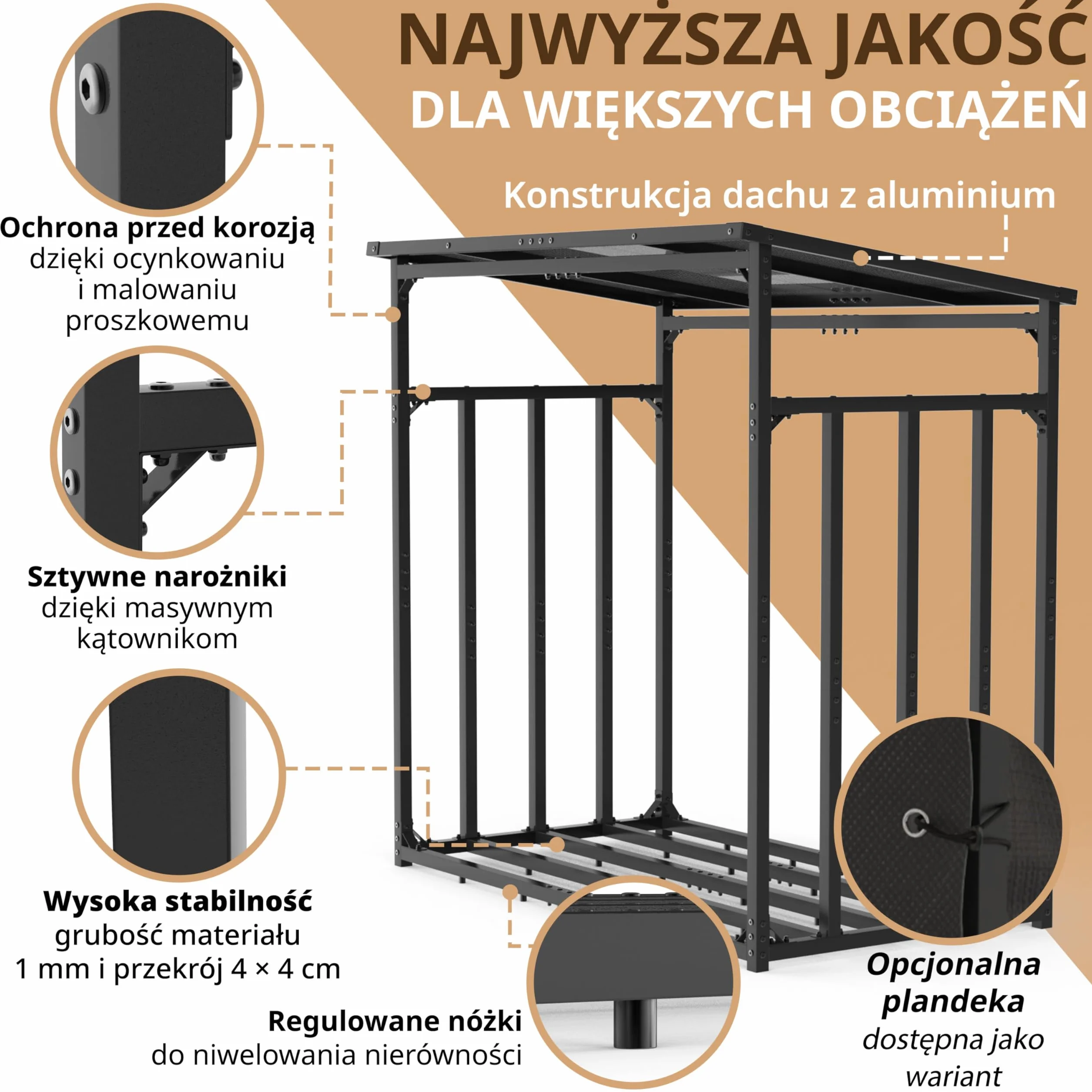 Metalowy regał na drewno opałowe, wymiary zewnętrzne 185 x 105 x 185 cm, ocynkowany 4 x 4 cm, przekrój 3,5 t, z dachem, stabilny drewniany stojak na drewno opałowe, regał