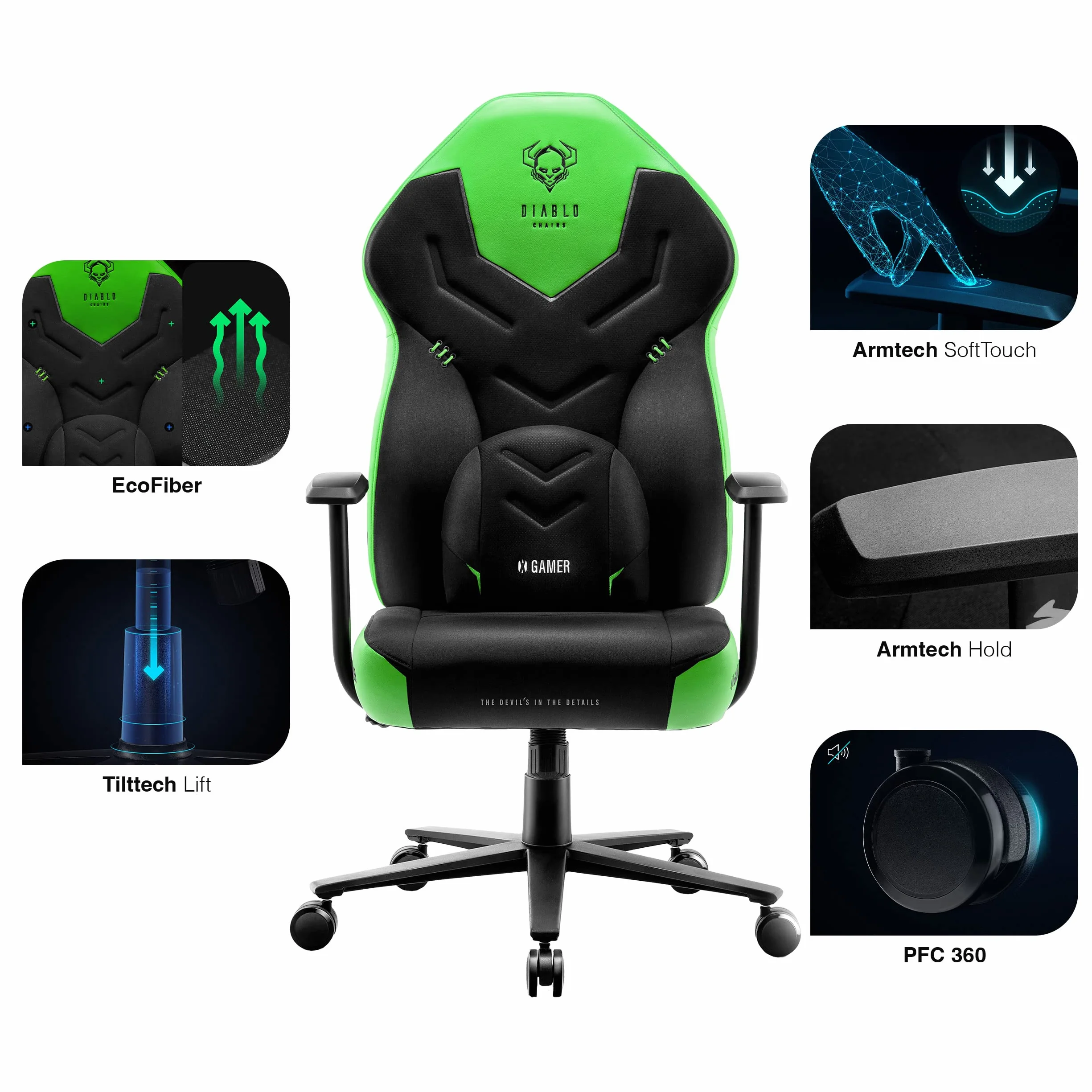 Diablo X-Gamer Fotel Gamingowy dla Gracza Ergonomiczny Biurowy Obrotowy Materiałowy (Czarno-zielony)