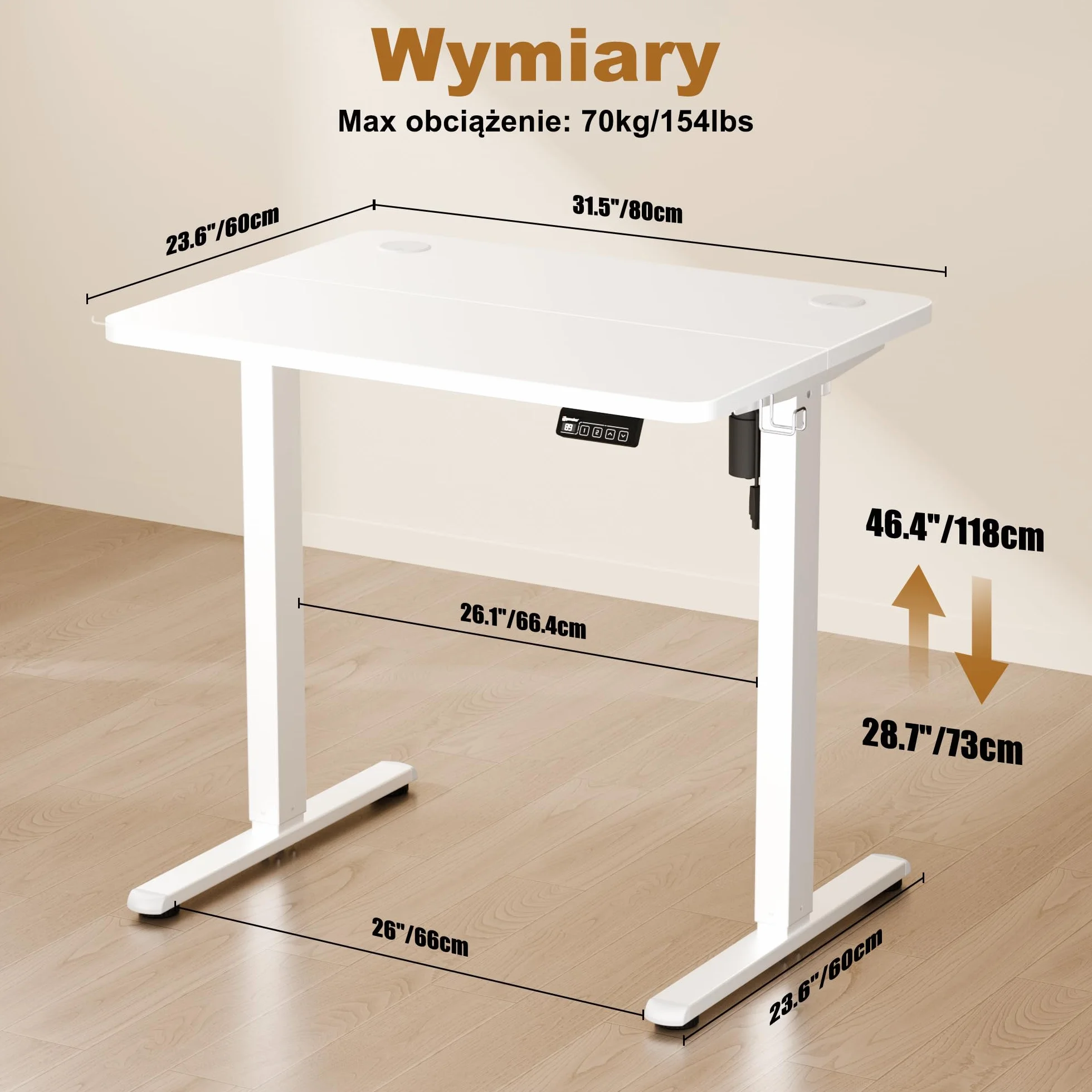 ERGOMAKER Biurko Stojące 80 x 60 cm, Elektryczne z Regulacją Wysokości i 2 Pamięciami, z Hakami, Blatem Splicowanym, do Pracy na Stojąco i Siedząco (Biały)