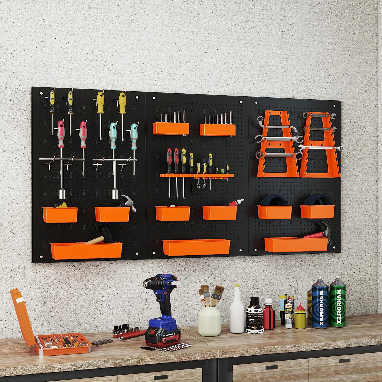 COSTWAY Ścianka narzędziowa 120 x 60 x 2 cm, perforowana ścianka warsztatowa z 9 szufladami do przechowywania, uchwytami na narzędzia i haczykami, metalowa ścianka narzędziowa z akcesoriami, garaż