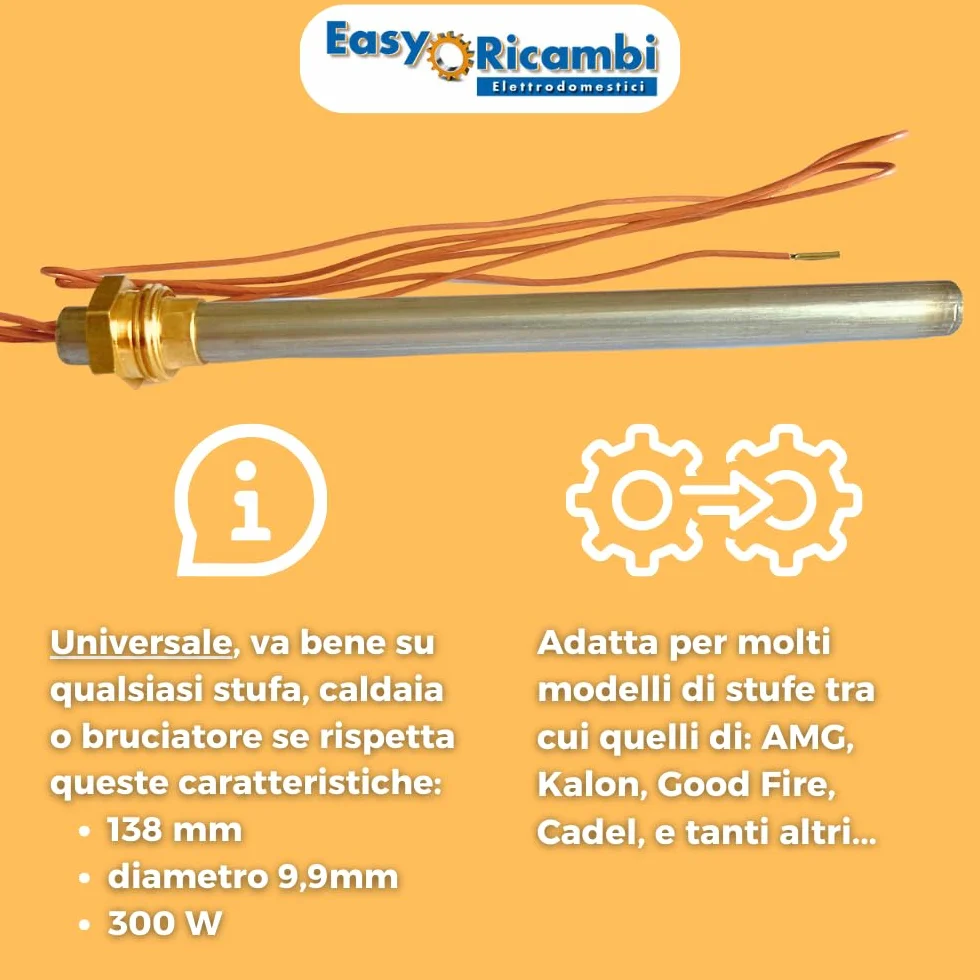 Zapalarka żarowa do pieców na pellet, 300 W, całkowita długość 148 mm, do krawędzi 138 mm, średnica 9,9 mm, gwint 3/8 Dla pieców AMG Cadel.