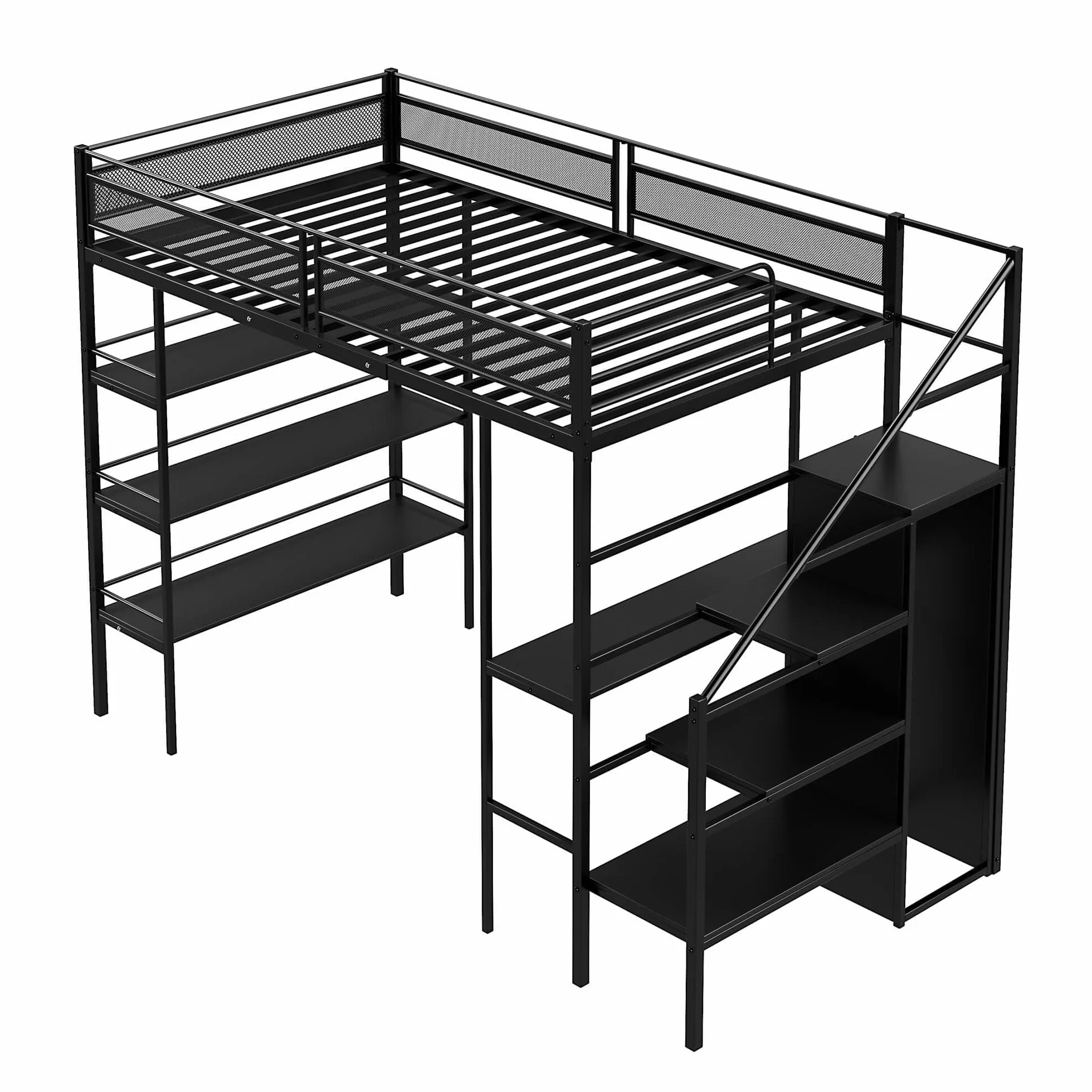 Łóżko piętrowe metalowe 90 x 200 cm, biurko i szafa na ubrania, łóżko piętrowe z półką i schodami, rama łóżka z miejscem do przechowywania, łóżko dla dzieci i młodzieży, czarne
