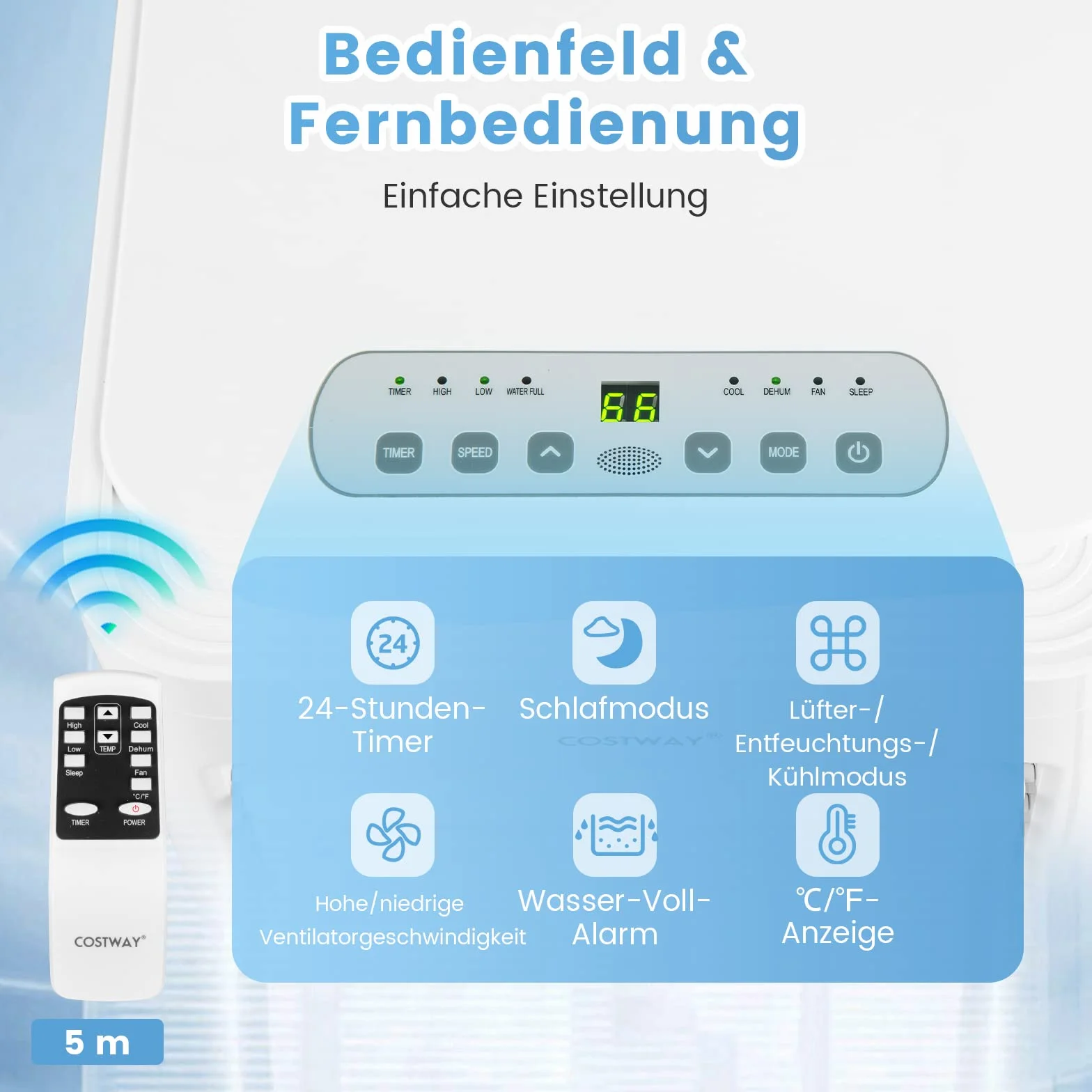 COSTWAY Mobilna klimatyzacja, 9000 BTU, 2,6 kW, chłodzenie, wentylacja i osuszanie, klimatyzator z wężem wylotowym, WiFi, aplikacja, zdalna obsługa, przenośna klimatyzacja