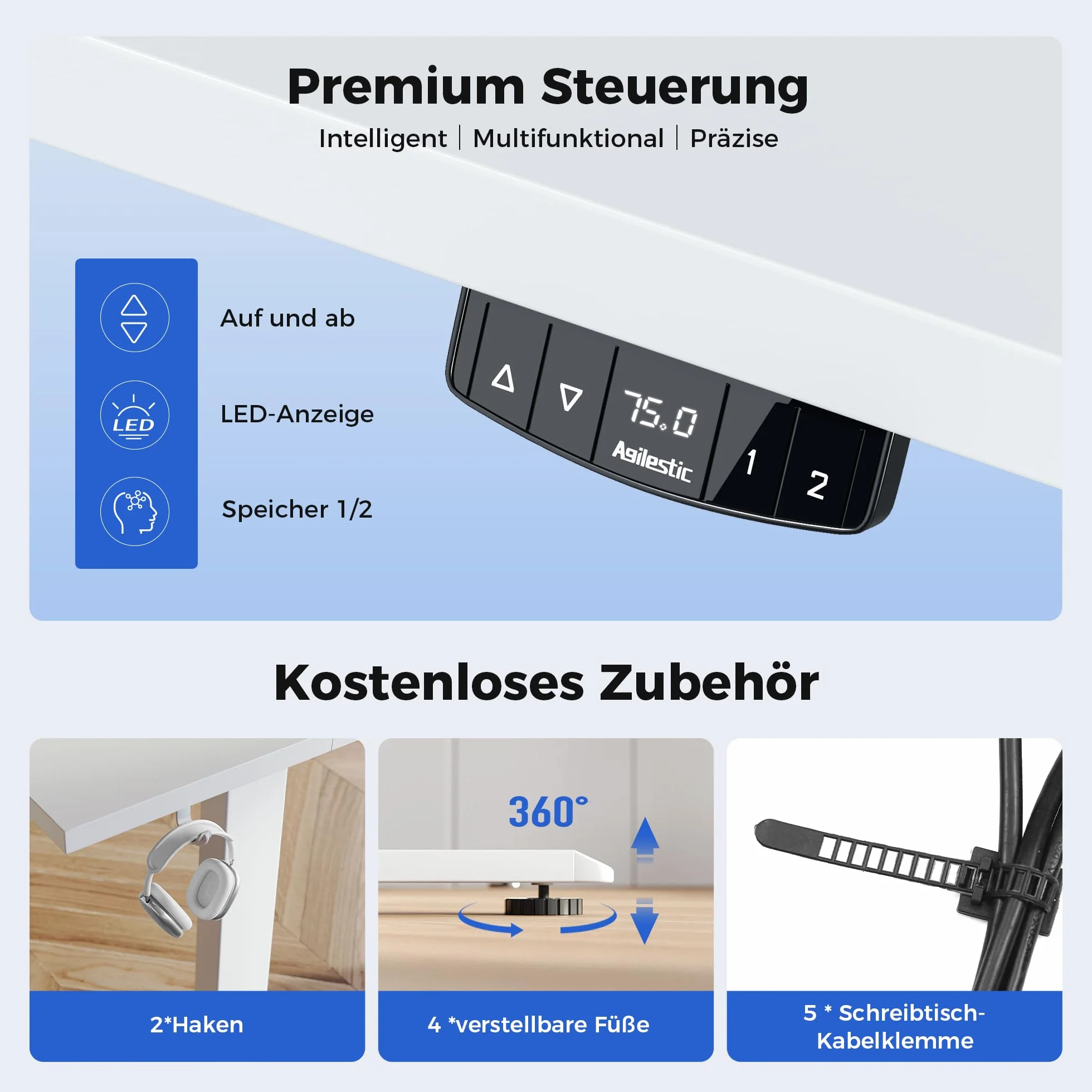 Agilestic Biurko z regulacją wysokości 100 x 60 cm, stabilne biurko z elektryczną regulacją wysokości i ręcznym sterowaniem z pamięcią, ergonomiczne biurko do pracy na stojąco lub siedząco, biały
