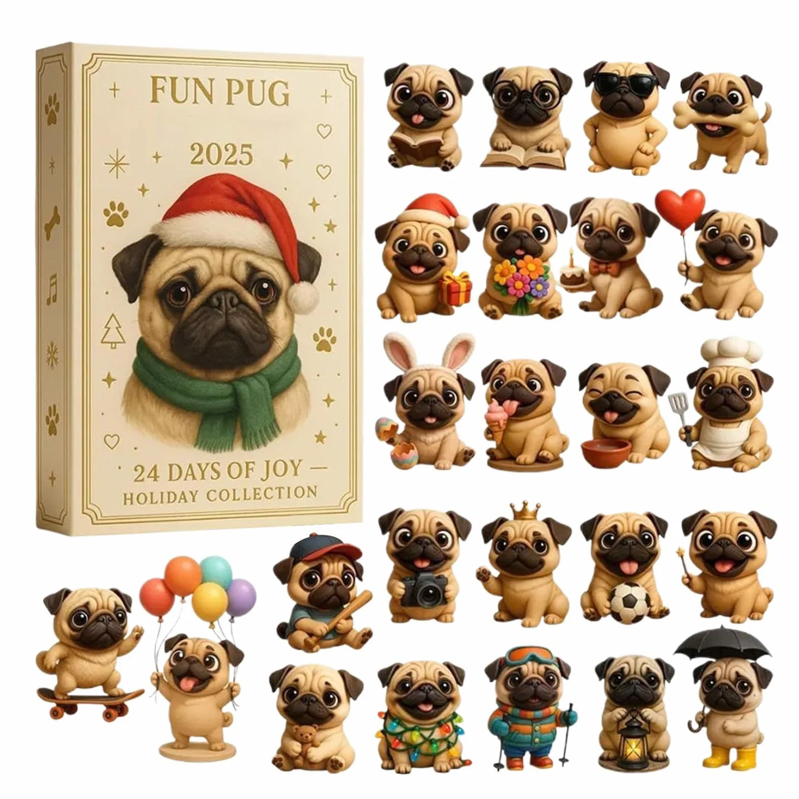 Kalendarz adwentowy 2D pug kalendarz adwentowy mops kalendarze płaskie wisiorki akrylowe 2d ozdoby choinkowe, prezenty świąteczne dla miłośników