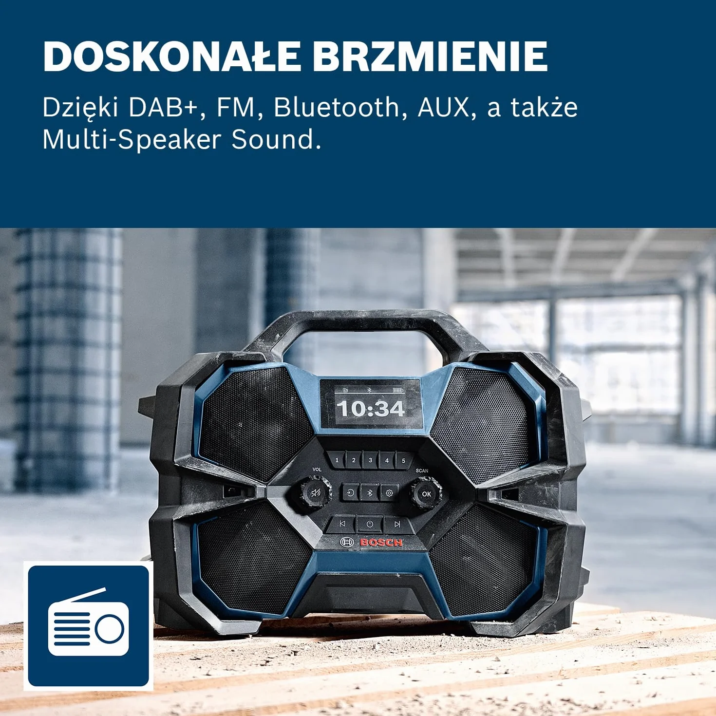 Bosch Professional 18 V / 12 V firmy Bosch: akum. radio budowlane GPB 18VH-6 SRC (ładowanie akum. 18 V i 12 V w narzędziu, otwieracz do butelek, 2 baterie AAA, folia ochr. na ekran, bez akum./ład.)