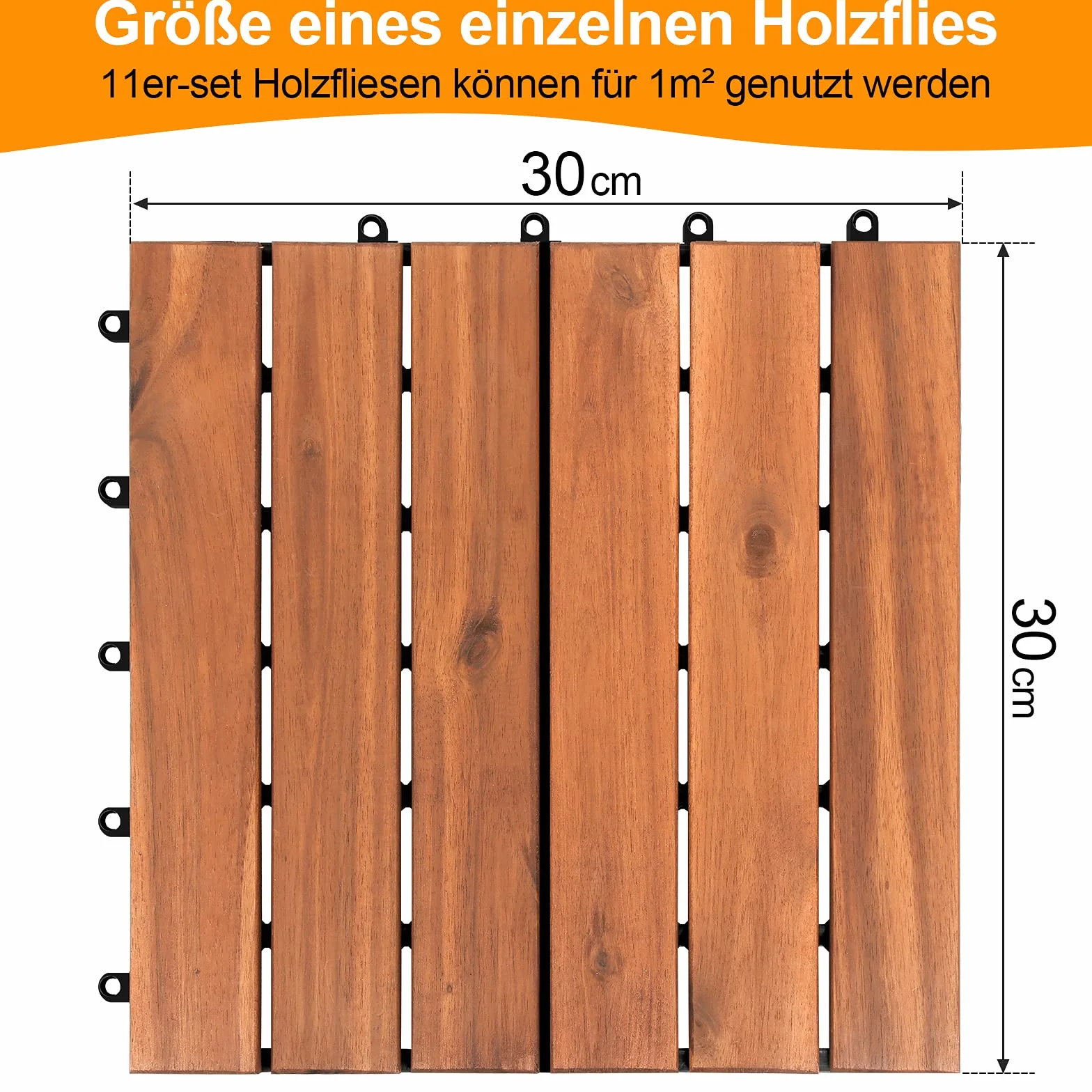 Zestaw 11 płytek drewnianych, 1 m², nadaje się jako płytki tarasowe i płytki balkonowe, z drewna akacjowego, 30 x 30 cm, do ogrodu, na taras, balkon