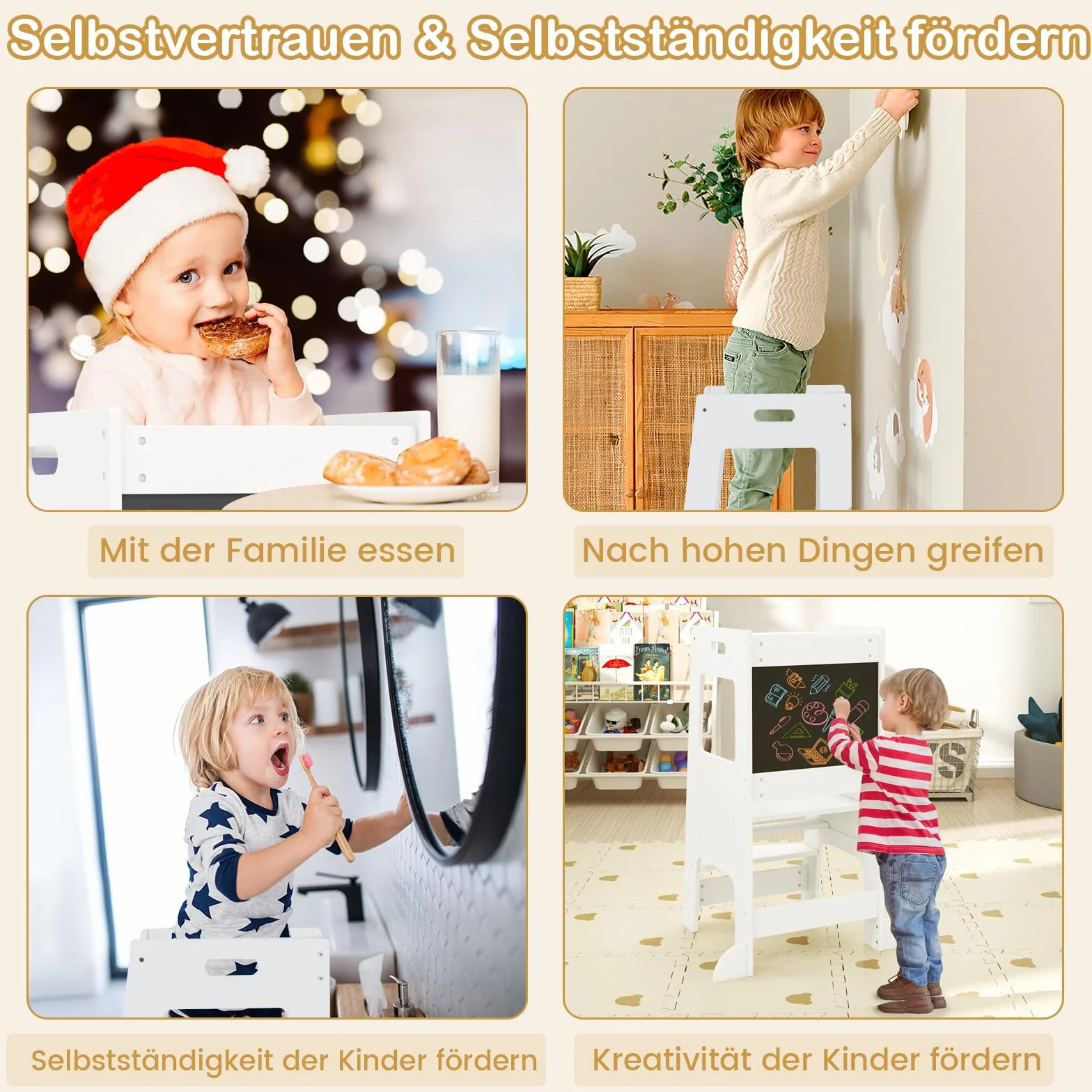 GOPLUS Drewniana wieża edukacyjna dla dzieci, 2 w 1, wieża dziecięca z tablicą do pisania kredą, balustrada bezpieczeństwa, antypoślizgowy i regulowany stopek, pomocnik kuchenny dla dzieci od 1 roku