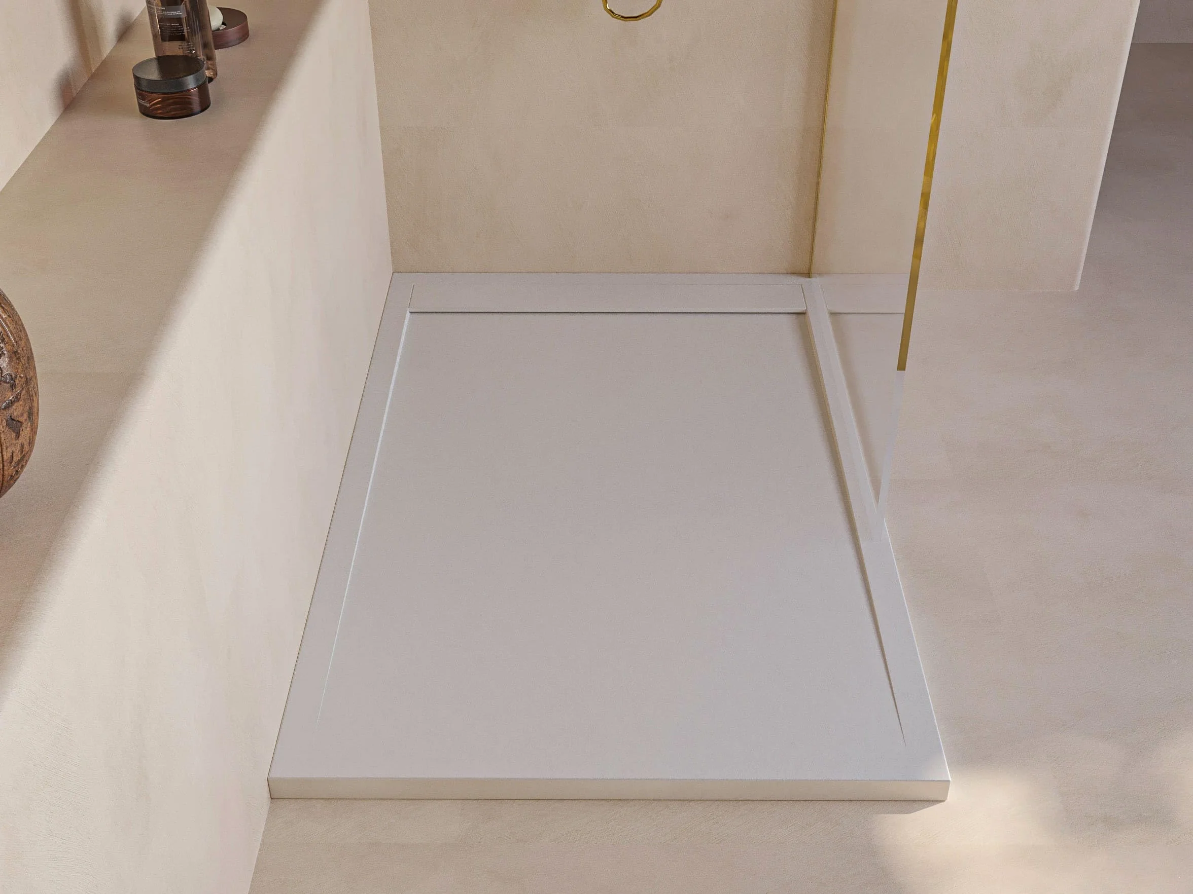 SOULHOME Brodzik prysznicowy– Żywica– Gel Coat– Gładka/Kamienna tekstura – Antypoślizgowy – złamana biel- 100x90- Niski 3cm– Minimalistyczny