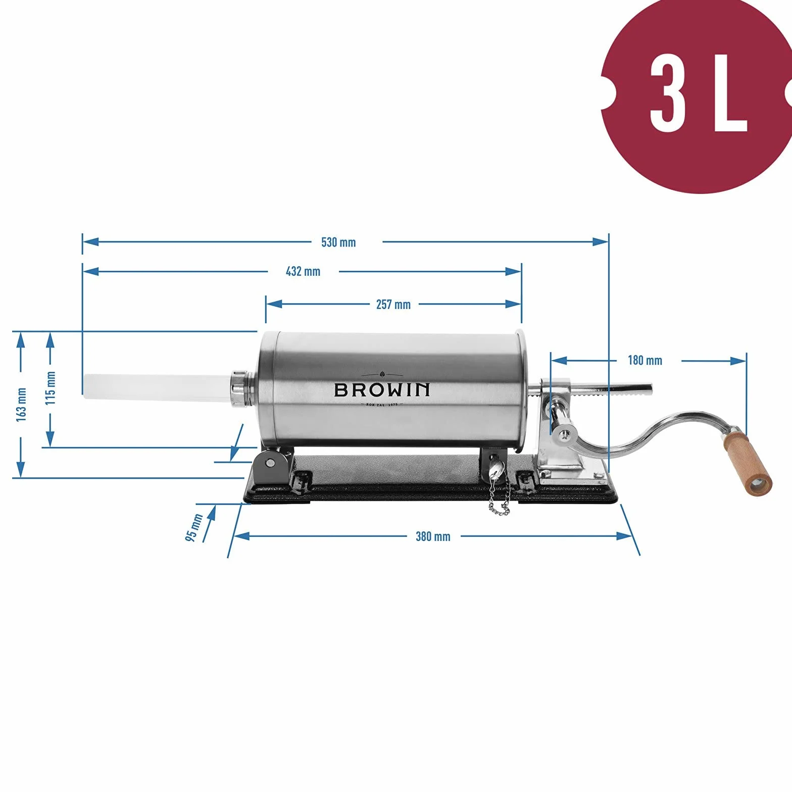 Browin 311003 Ręczna nadziewarka pozioma 3 kg, maszyna do robienia kiełbasy, podrobów + 4 lejki o średnicy 14, 18, 21 i 25 mm, stal nierdzewna