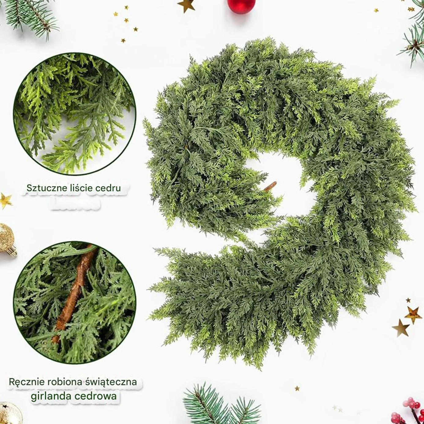 Świąteczna girlanda cedrowa, elastyczna konstrukcja, 1,8 m, Cedar Holiday Garland, realistyczna winorośl zieleni, odporna na kurz, do kominków okienne ramy schodowe stół Mantel