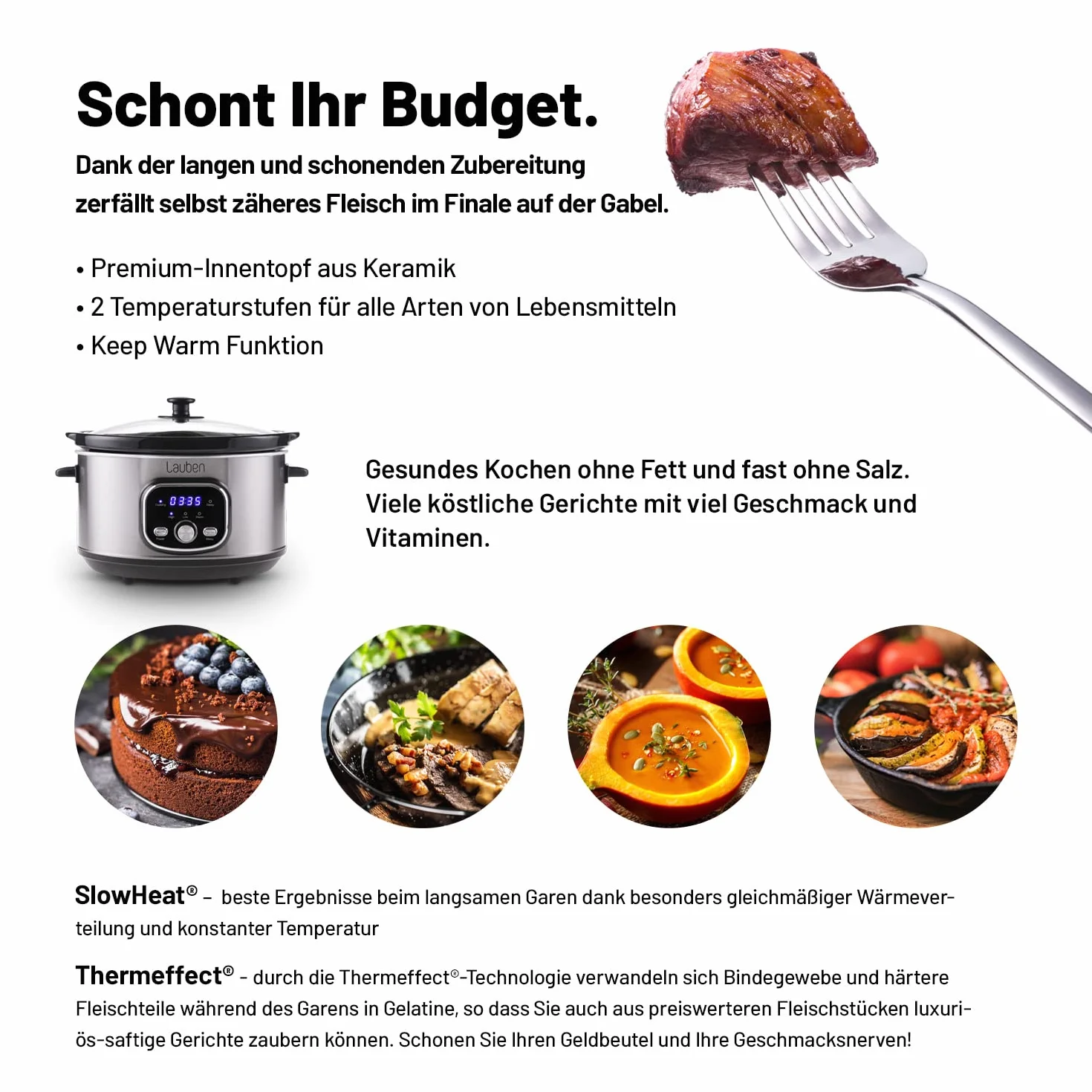 Lauben Slow Cooker 3500SB wolnowar z technologią Thermeffect®, technologia SlowHeat®, książka kucharska, pojemnik wewnętrzny z ceramiki, dwa poziomy temperatury, ręczne ustawienie czasu, 3,5 l