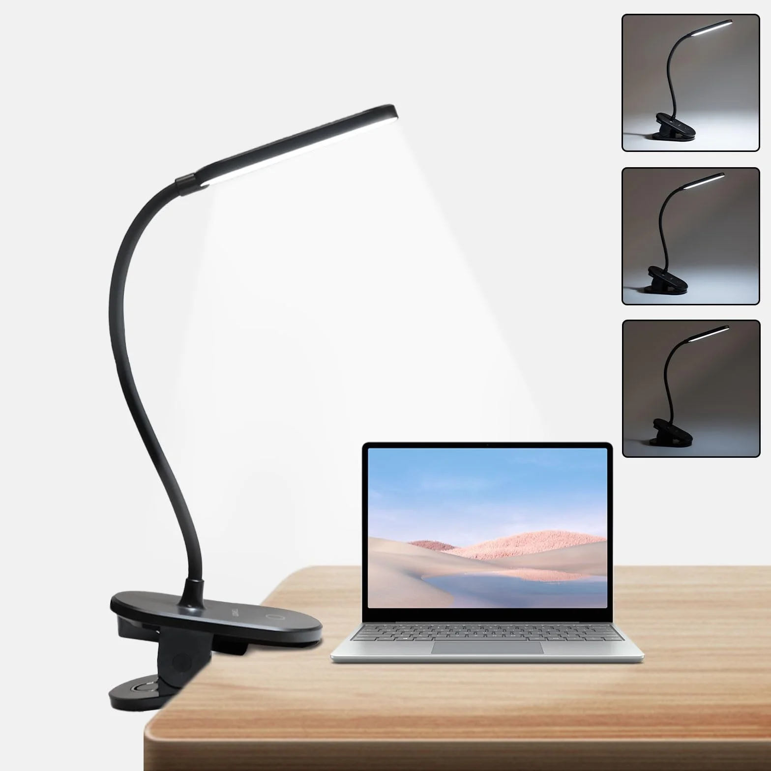 LQWELL® Lampa Z Klipsem Do Lampki Do Czytania W ŁÓŻku, Zasilana Bateryjnie, Ściemniana Lampa Zaciskowa, 3 Poziomy Jasności I Lampa Biurkowa Z Elastycznym 360° Do Domowego Biura (Czarny)
