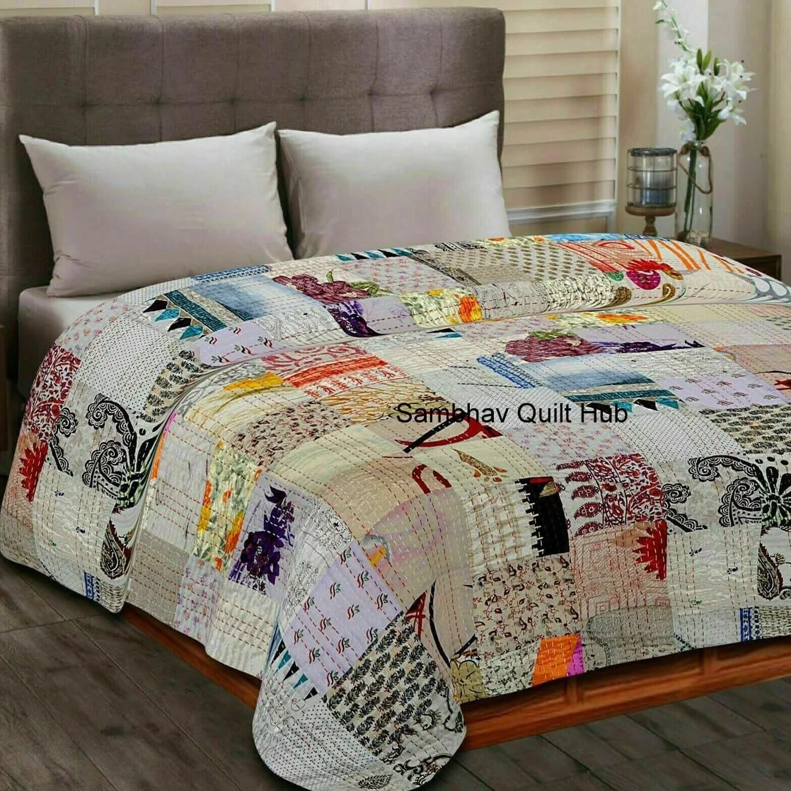 Kołdra patchworkowa jedwabne sari kantha vintage 152x229 cm