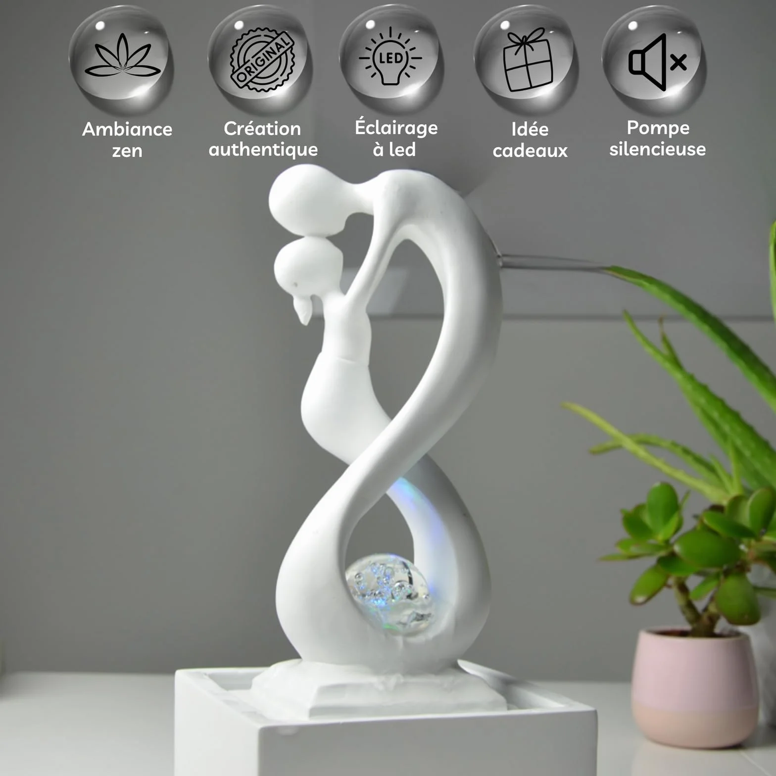 Zen'Light - Nowoczesna fontanna wewnętrzna Amor White z kolorowym światłem LED - Wystrój w stylu sztuki współczesnej, idealna medytacja i relaks - Oryginalny design Obrotowa kula zamknięta -