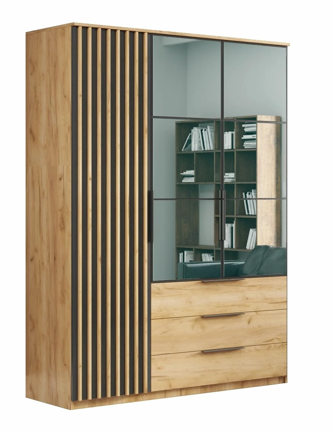 B&M Furniture Szafa z drzwiami uchylnymi, szufladami i lustrem - z półkami i drążkiem na ubrania - do garderoby, przedpokoju, sypialni Dąb artisan + czerń - 150 cm, wysokość 215 cm