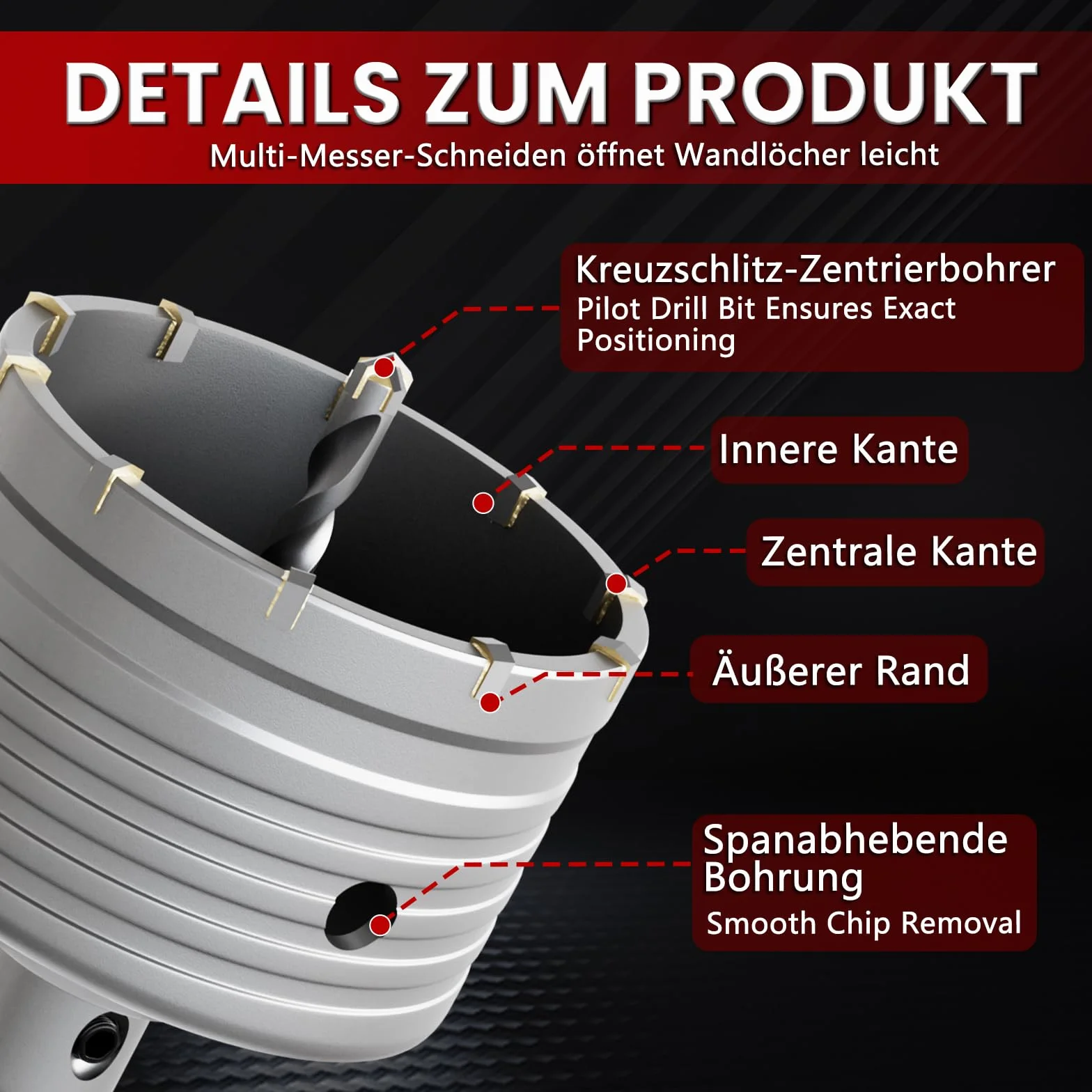 CSOOM otwornica do betonu 55 mm z przedłużeniem SDS-Plus 110 mm, zestaw otwornic do betonu, 4 wiertła centrujące 8 x 110 mm, końcówka z twardego metalu, 2 x wiertło centrujące