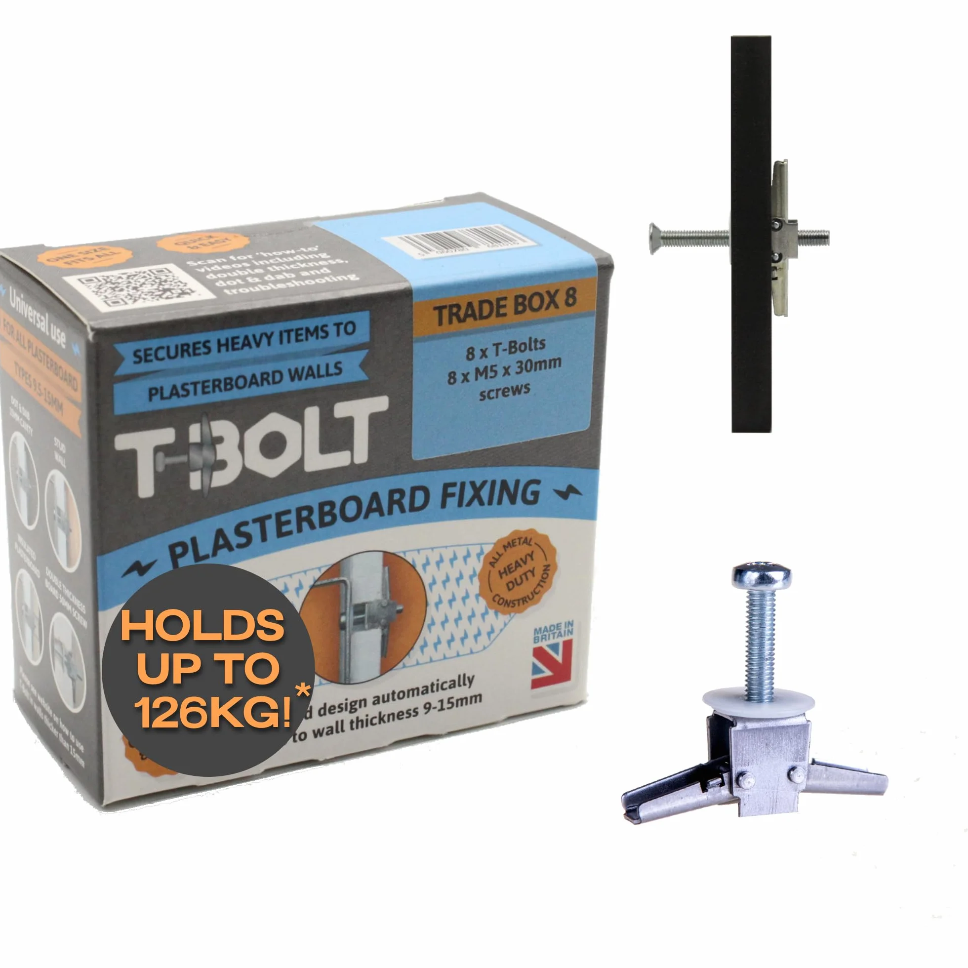 T-Bolt Wytrzymałe metalowe mocowanie do płyty pilśniowej - torba handlowa po 8 sztuk - nośność do 65 kg na mocowanie! [płyta gipsowo-kartonowa] [ściana z pustą przestrzenią] [Wytrzymała] [wiercenie]