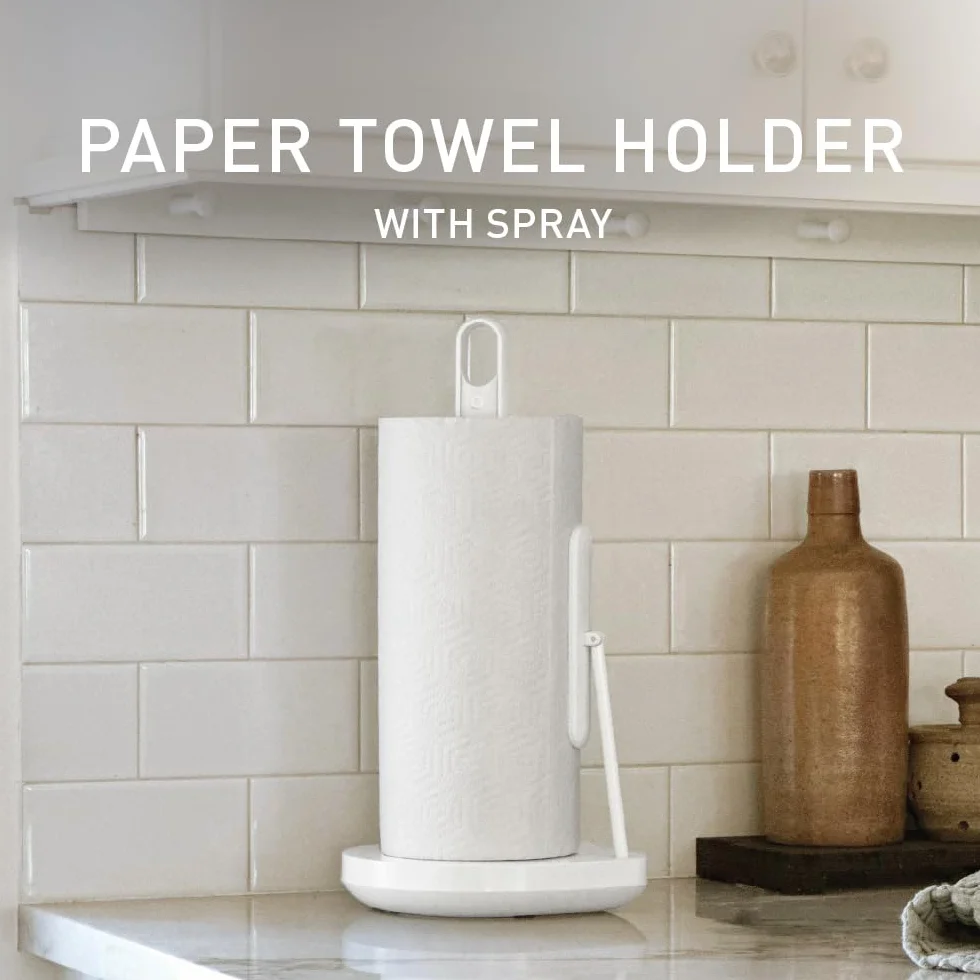 simplehuman Standing Paper Towel Holder with Spray Pump, White Stainless Steel