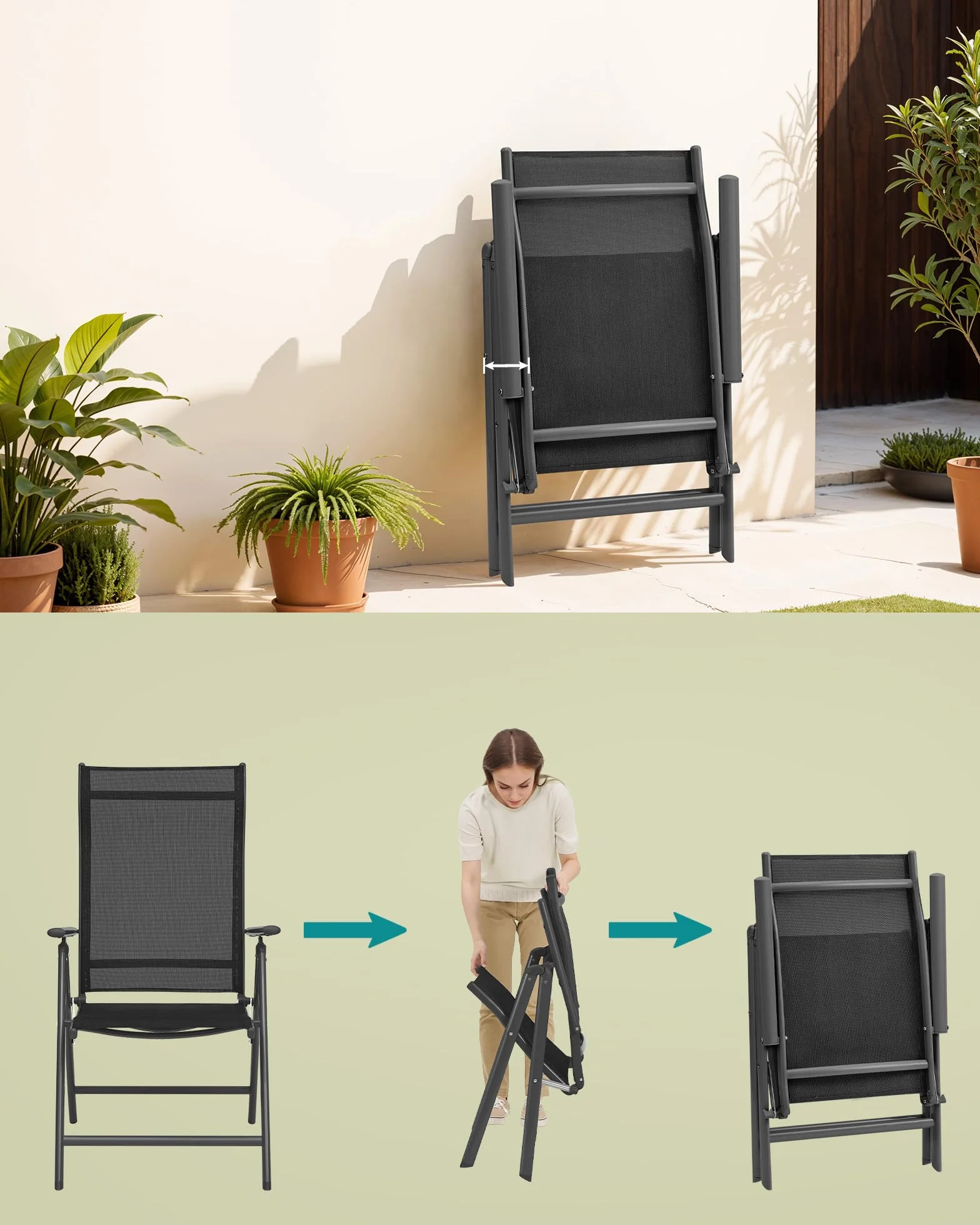 SONGMICS Krzesła ogrodowe, zestaw 2 sztuk, krzesła składane, krzesła outdoorowe z wytrzymałym stelażem aluminiowym, 8-stopniowa regulacja, obciążenie do 120 kg, czarne GCB29BK