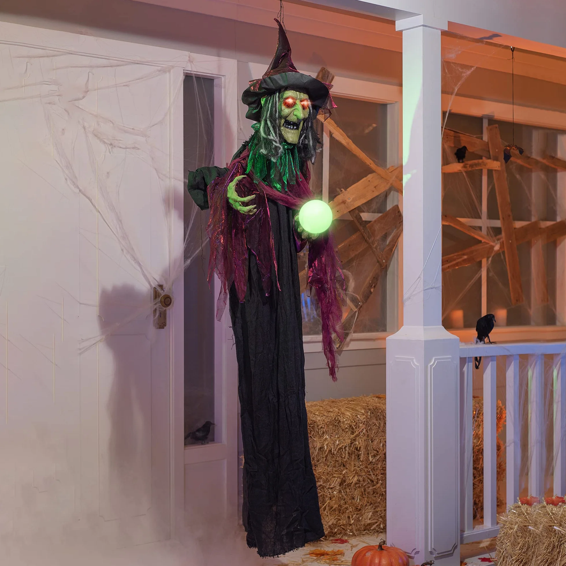 JOYIN Wisząca Dekoracja Czarownicy na Halloween - Animowana Przerażająca Czarownica z Oczami LED i Dźwiękiem, Dekoracja na Zewnątrz, Trawnik, Podwórko, Patio